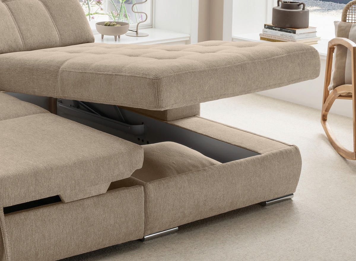 ECKSOFA Chenille Hellbraun  - Chromfarben/Hellbraun, Konventionell, Textil/Metall (283/186cm) - Livetastic