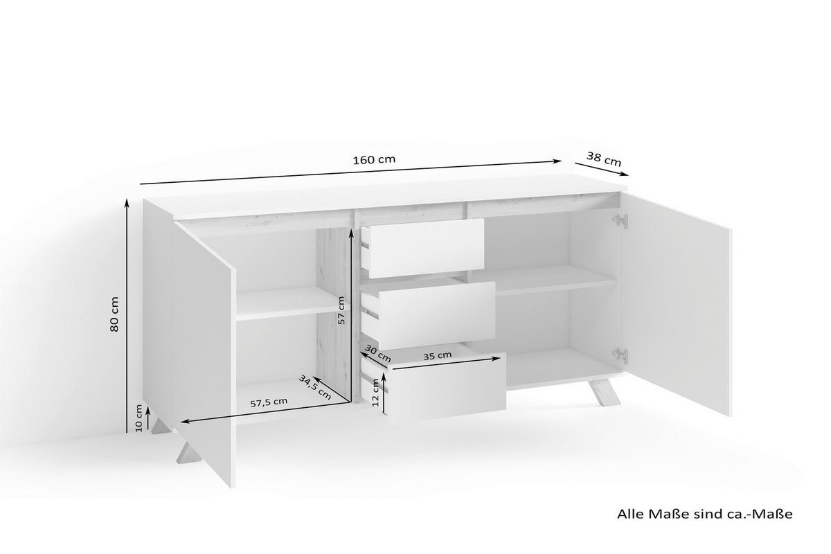 SIDEBOARD Valentin  in 160/76/38 cm  - Weiß/Eiche Artisan, MODERN, Holzwerkstoff (160/76/38cm) - MID.YOU