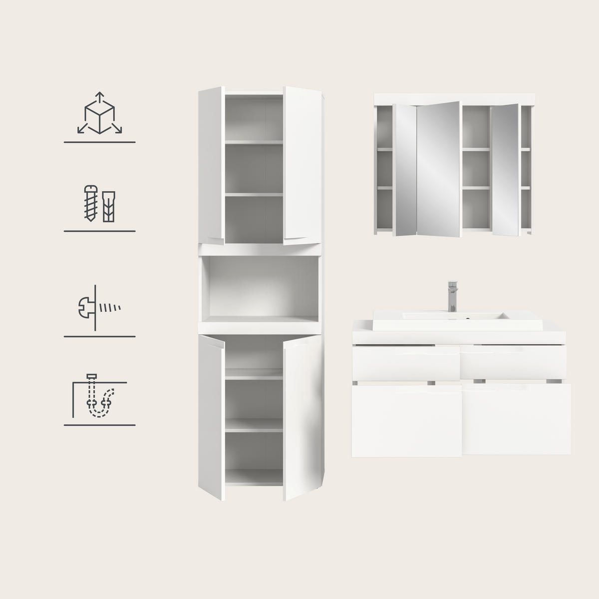 BADEZIMMER 4-teilig  in 175 cm  - Schwarz/Weiß, Trend, Glas/Holzwerkstoff (175cm) - MID.YOU