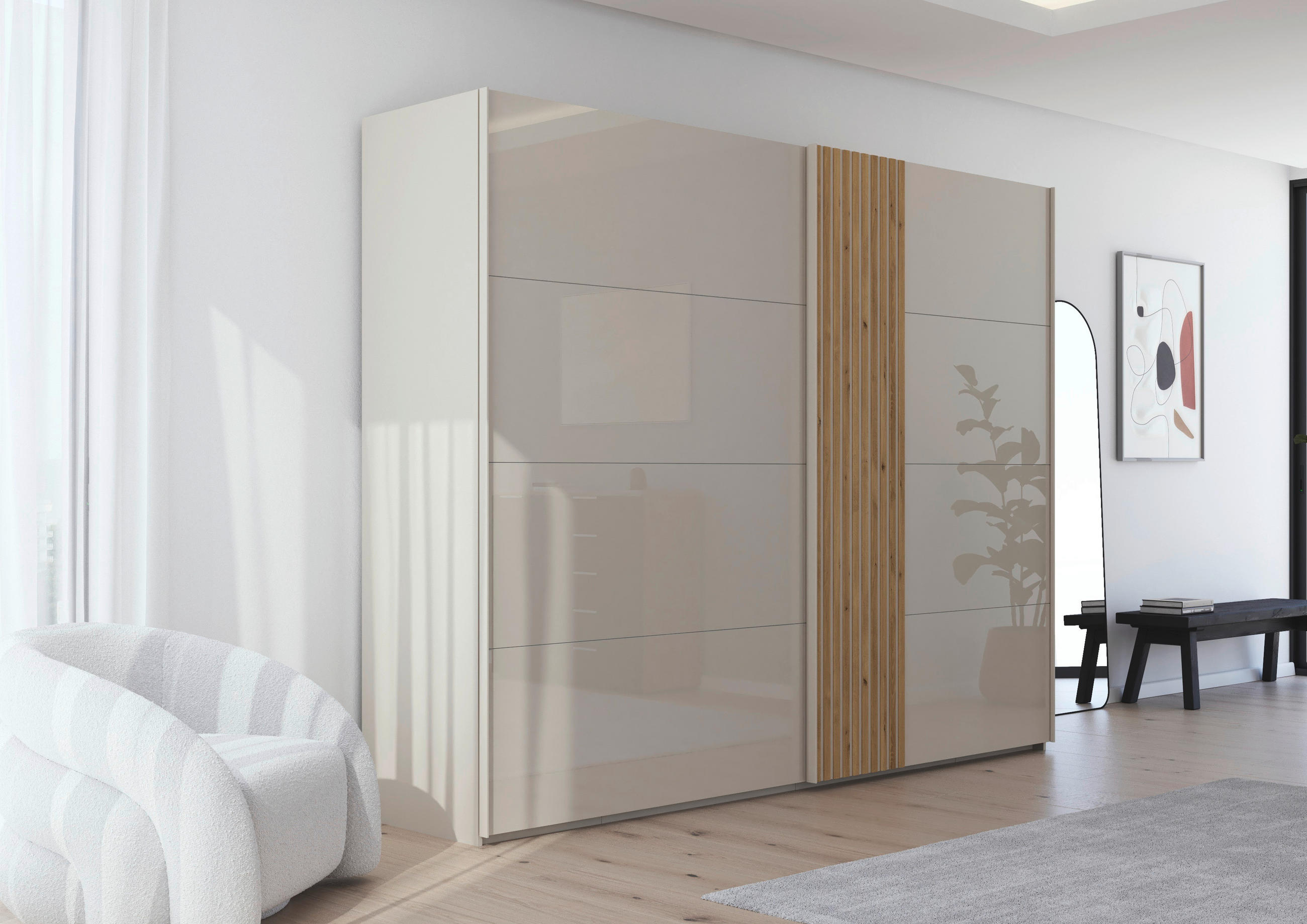 SCHWEBETÜRENSCHRANK  in Eichefarben, Champagner  - Champagner/Eichefarben, Design, Glas/Holzwerkstoff (281/223/68cm) - Novel