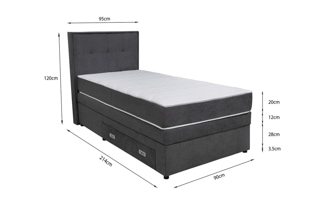 POSTEL BOXSPRING, 90/200 cm, tmavě šedá - černá/tmavě šedá, Moderní, dřevo/kompozitní dřevo (90/200cm) - Hom`in