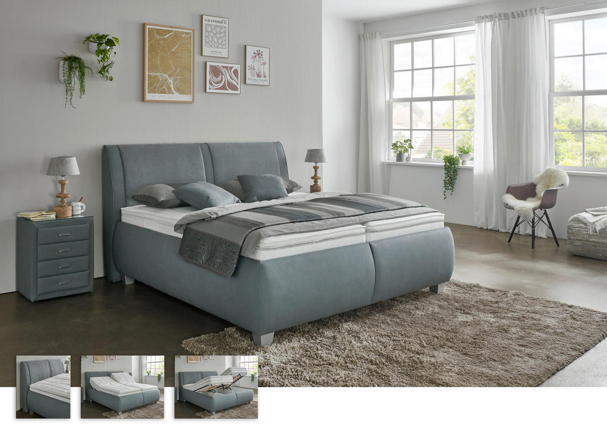 POLSTERBETT 180/200 cm,  in Blaugrau, Matratze, Lattenrost, Bettkasten, unterschiedliche Matratzenhärtegrade je Bettseite, H2 + H2 = mittel  - Silberfarben/Blaugrau, Design, Holzwerkstoff/Kunststoff (180/200cm) - Beldomo - Sleep