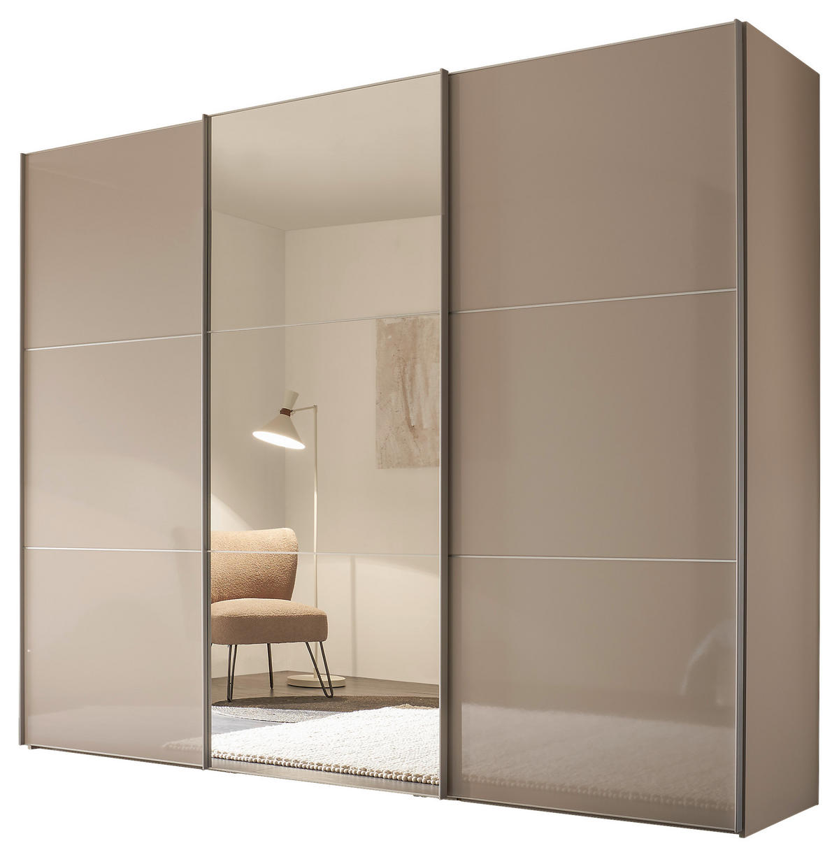 SCHWEBETÜRENSCHRANK in Sandfarben, Alufarben  - Sandfarben/Alufarben, Konventionell, Glas/Holzwerkstoff (298/222/68cm) - Moderano