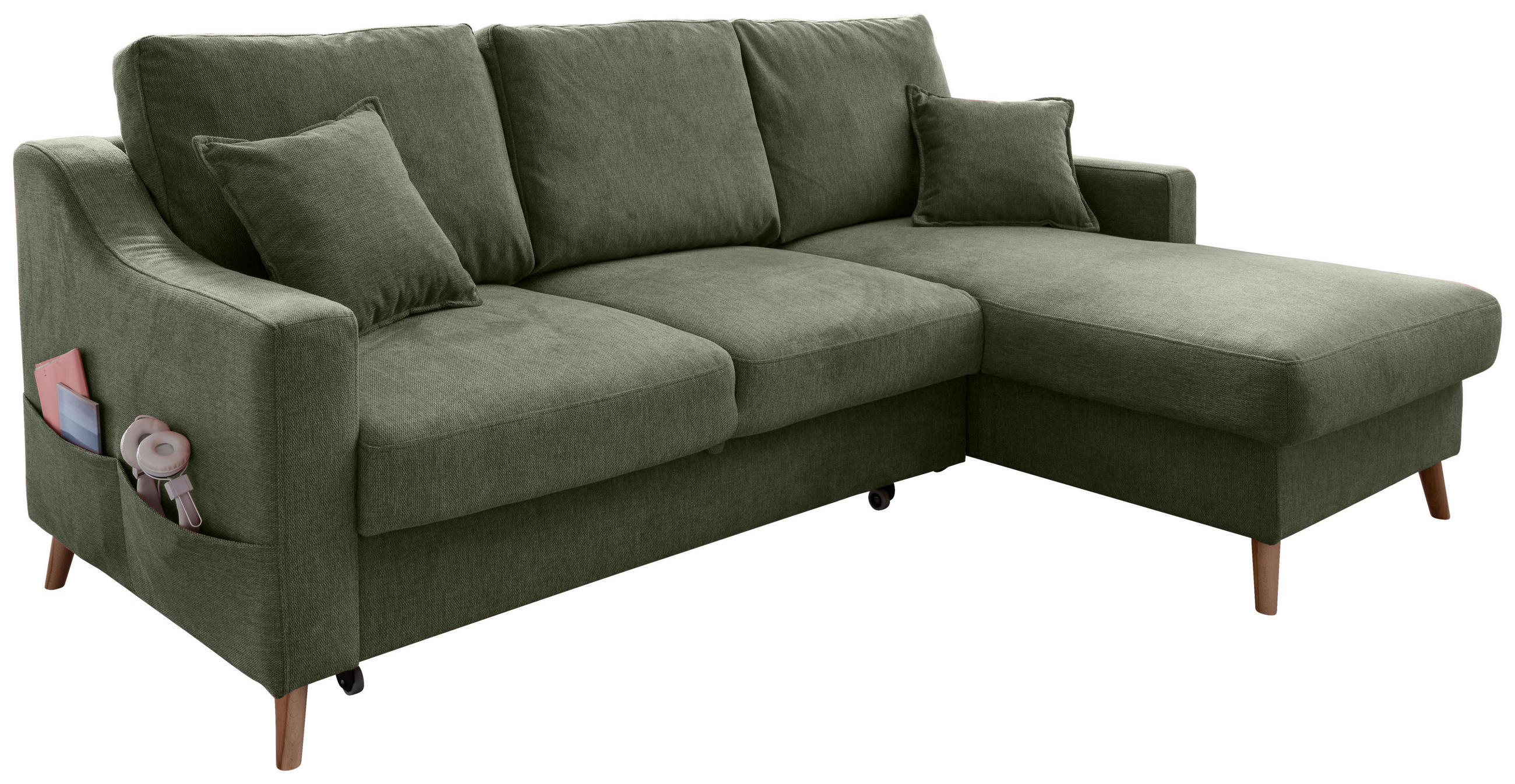 ECKSOFA in Chenille Dunkelgrün  - Dunkelgrün/Naturfarben, Modern, Holz/Textil (228/150cm) - Livetastic