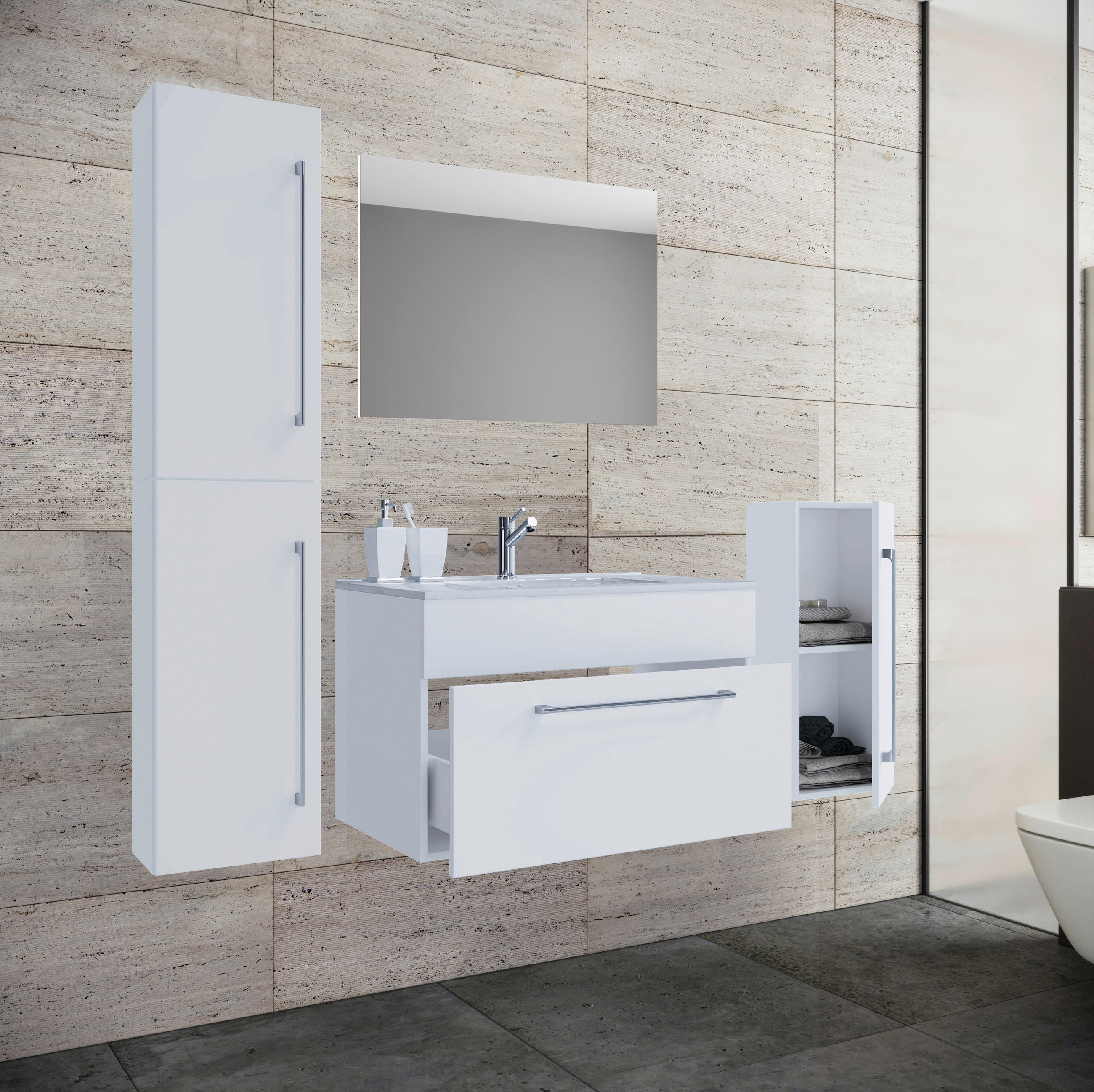 BADEZIMMER 5-teilig  in 126 cm  - Alufarben/Weiß, MODERN, Keramik/Holzwerkstoff (126cm) - MID.YOU