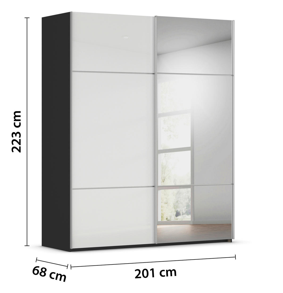 SCHWEBETÜRENSCHRANK in Schwarz, Weiss  - Weiss/Alufarben, Konventionell, Glas/Holzwerkstoff (201/223/68cm) - Novel