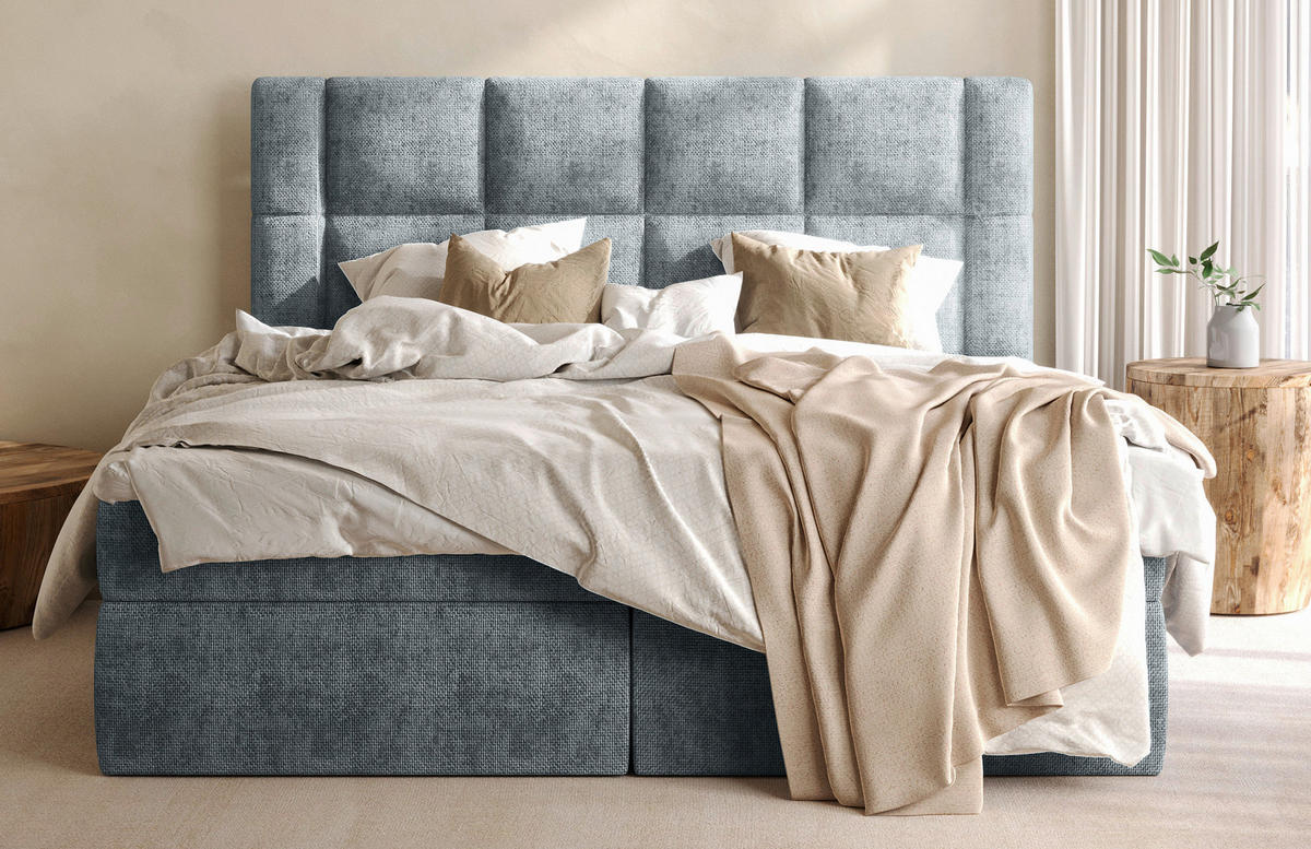 BOXBETT 160/200 cm,  in Graublau, gepolstertes Kopfteil, Bettkasten, Topper, Matratzen, H3 = fest  - Graublau/Schwarz, Modern, Holz/Holzwerkstoff (160/200cm) - Boxxx