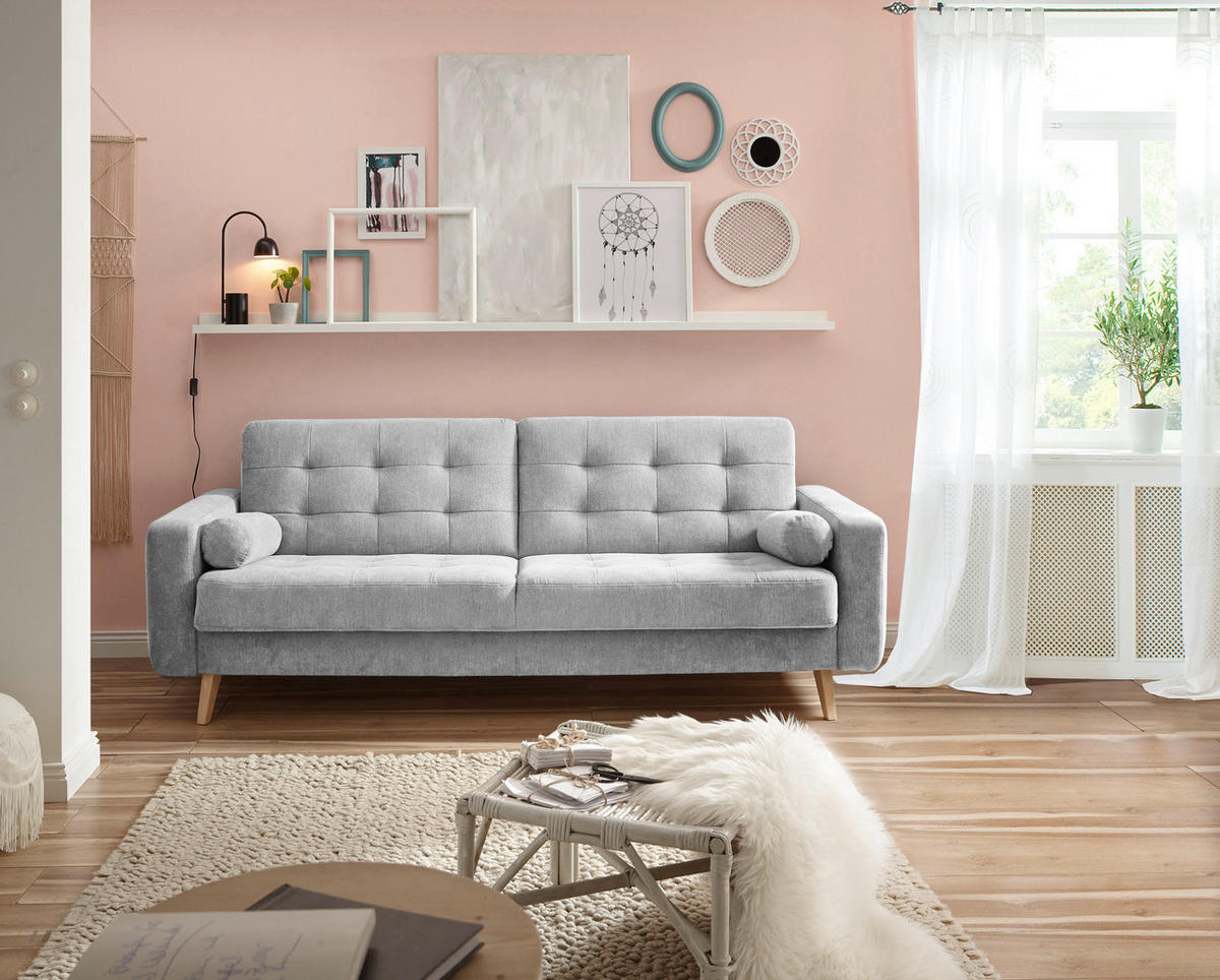 SCHLAFSOFA in Mikrovelours Silberfarben  - Eichefarben/Silberfarben, Modern, Holz/Holzwerkstoff (222/86/90cm) - MID.YOU