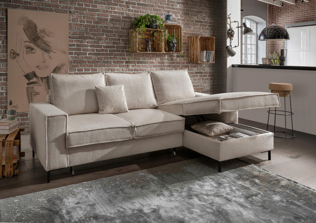ECKSOFA Beige Cord  - Beige/Schwarz, MODERN, Textil/Metall (240/150cm) - Livetastic