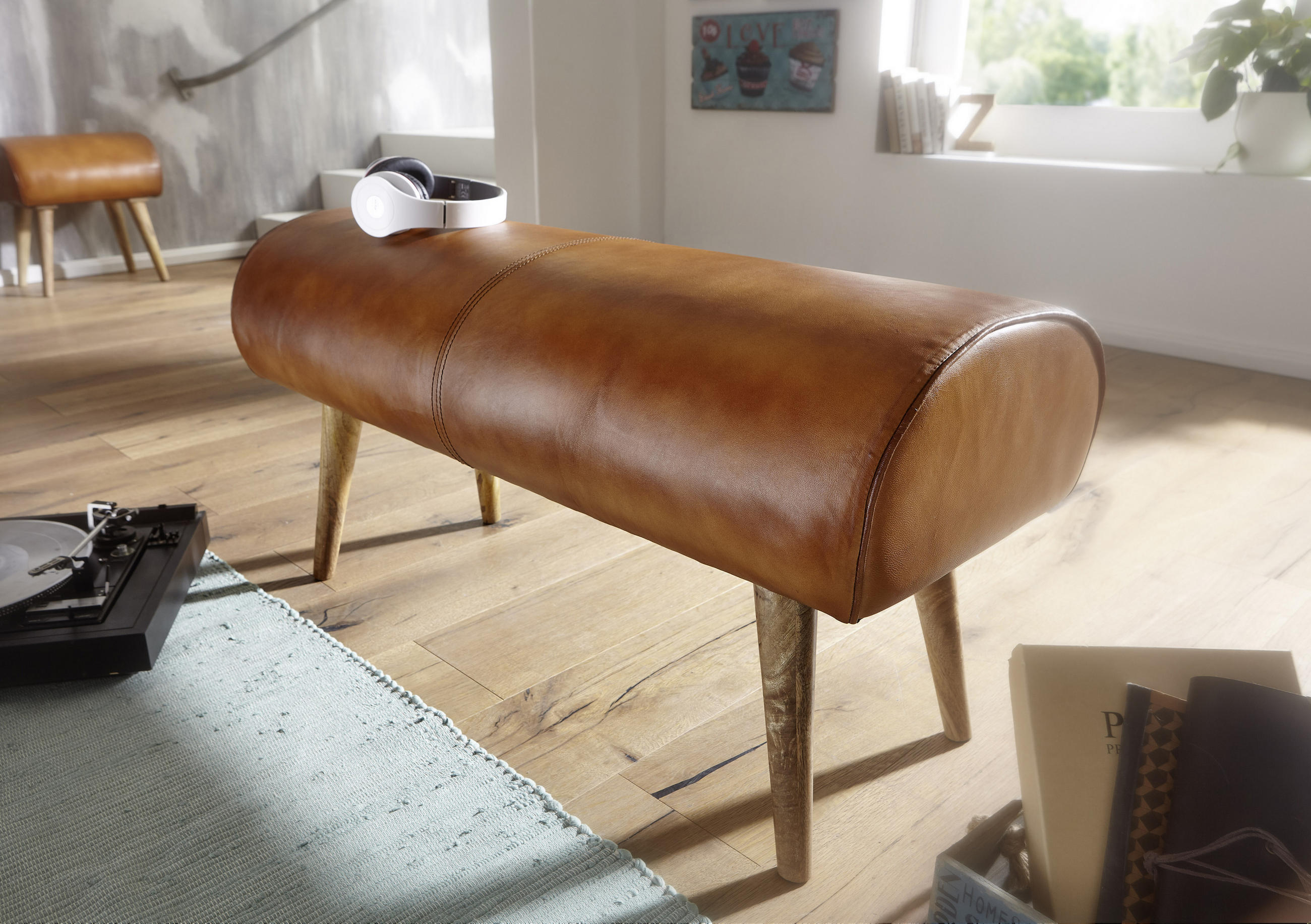 BÄNK i läder brun - brun/naturfärgad, Modern, läder/trä (100/53/40cm) - MID.YOU