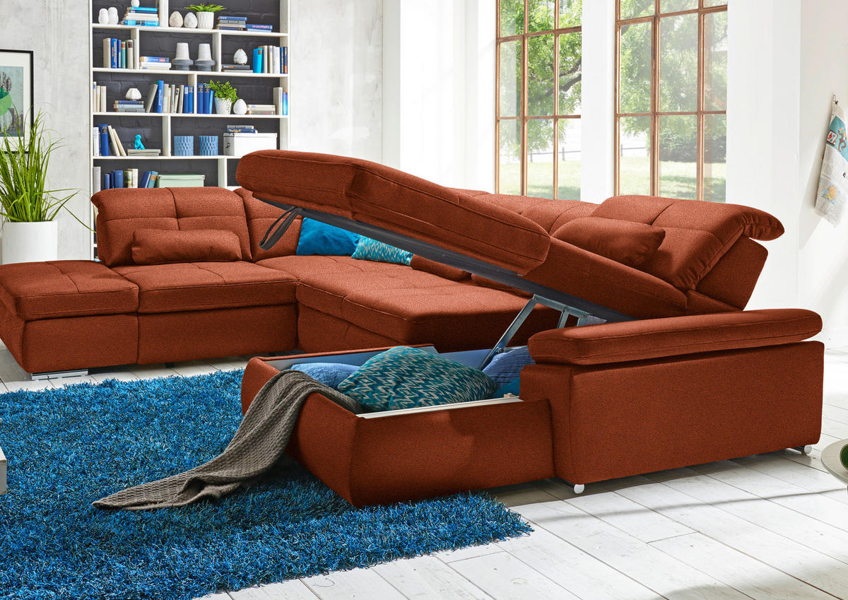 WOHNLANDSCHAFT  in Mikrofaser Terracotta  - Chromfarben/Terracotta, Design, Holzwerkstoff/Textil (260/371/195cm) - Beldomo Style