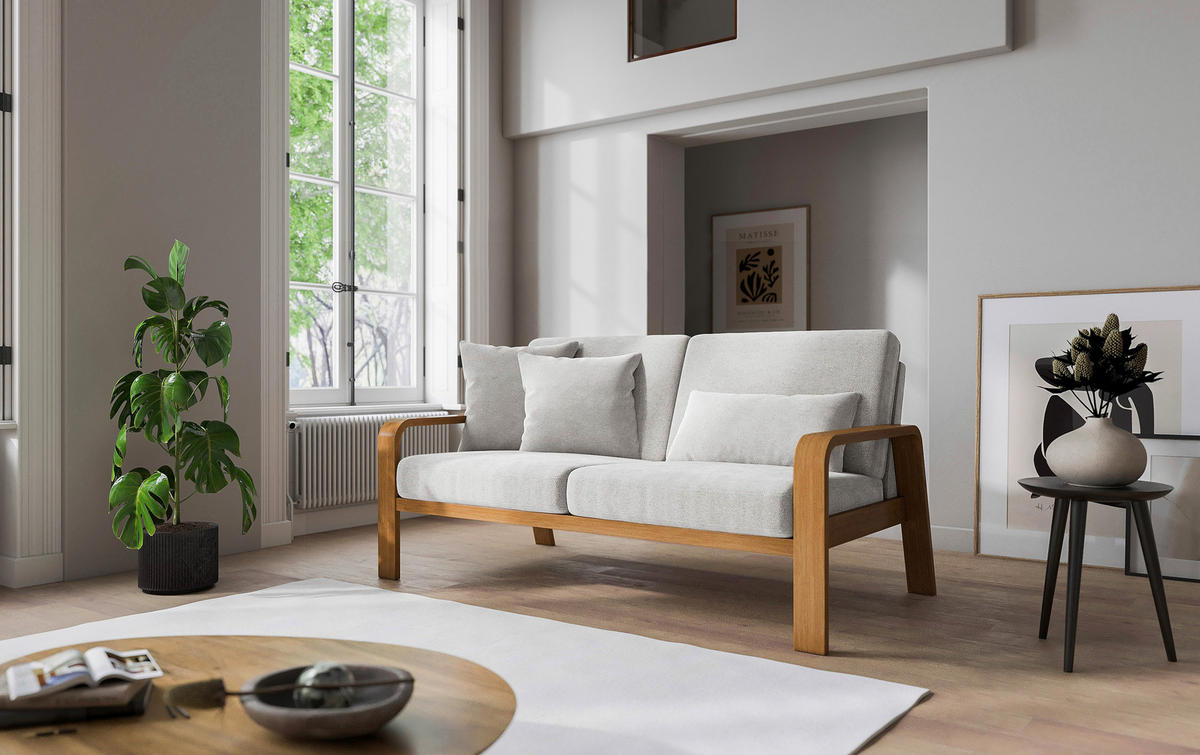 2,5-SITZER in Mikrofaser Hellgrau  - Eichefarben/Hellgrau, Konventionell, Holz/Textil (170/91/93cm) - Livetastic