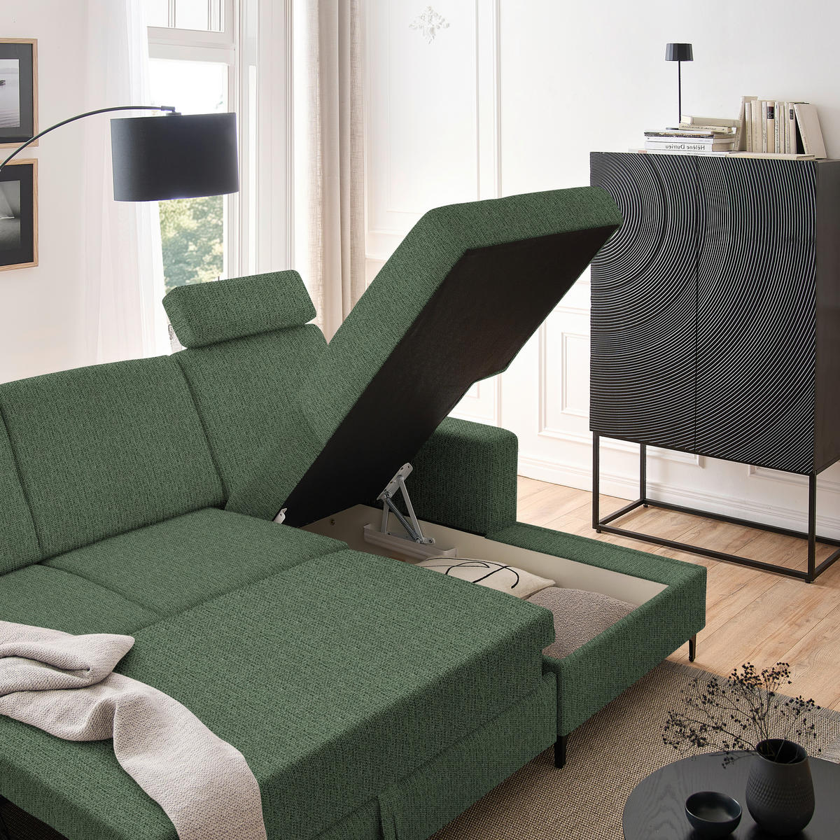 ECKSOFA in Webstoff Waldgrün  - Waldgrün/Schwarz, Konventionell, Textil/Metall (247/167cm) - Stylife