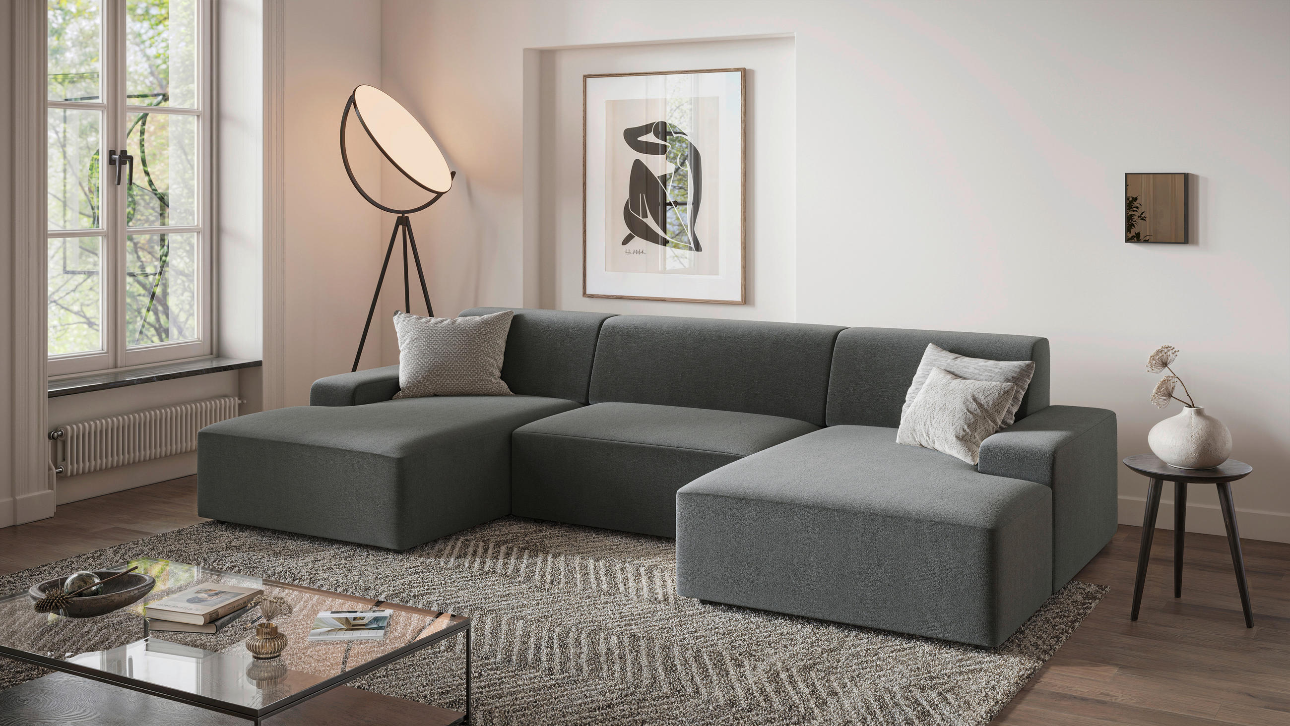 WOHNLANDSCHAFT in Struktur Anthrazit - Anthrazit/Schwarz, Modern, Kunststoff/Textil (162/329/162cm) - Trendmanufaktur