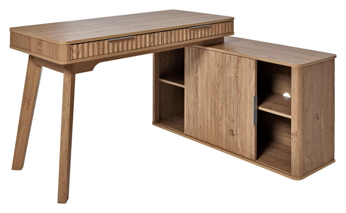 ECKSCHREIBTISCH 142/120/78,2 cm Eichefarben Kabeldurchlass, Stauraum, seitenverkehrt montierbar  - Eichefarben/Silberfarben, MODERN, Holzwerkstoff/Metall (142/120/78,2cm)