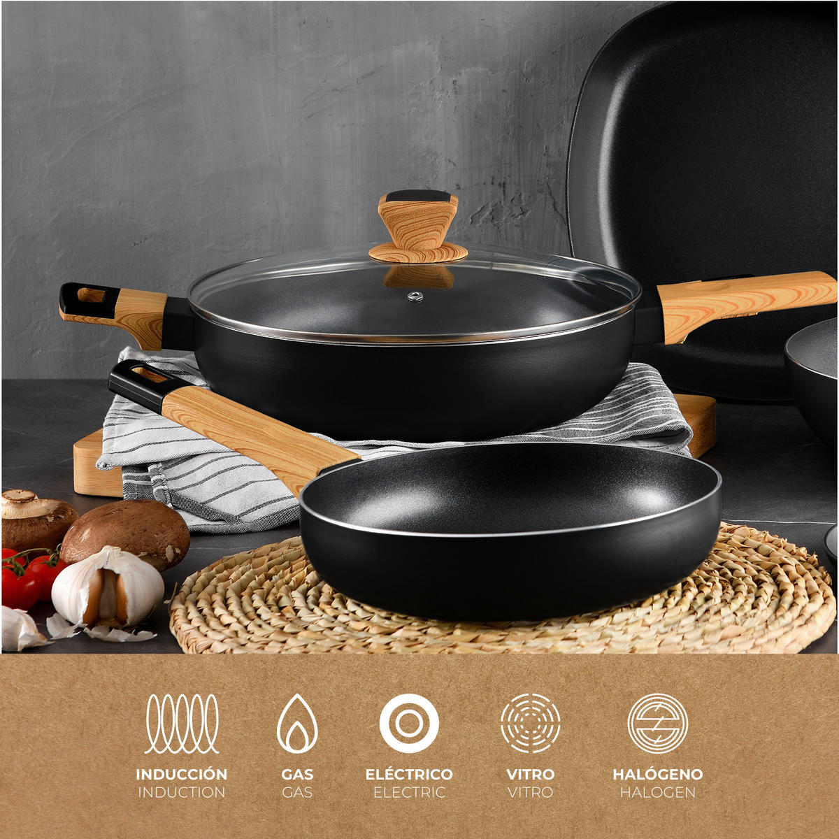 BRATPFANNE BERGNER EARTH BLACK  - Hellbraun/Schwarz, Basics, Glas/Holz (28/7,5cm)