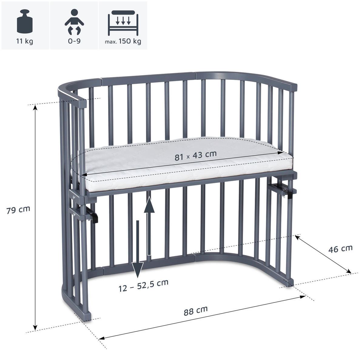 BEISTELLBETT 87/46/79 cm  - Grau, Basics, Holz (87/46/79cm) - Babybay