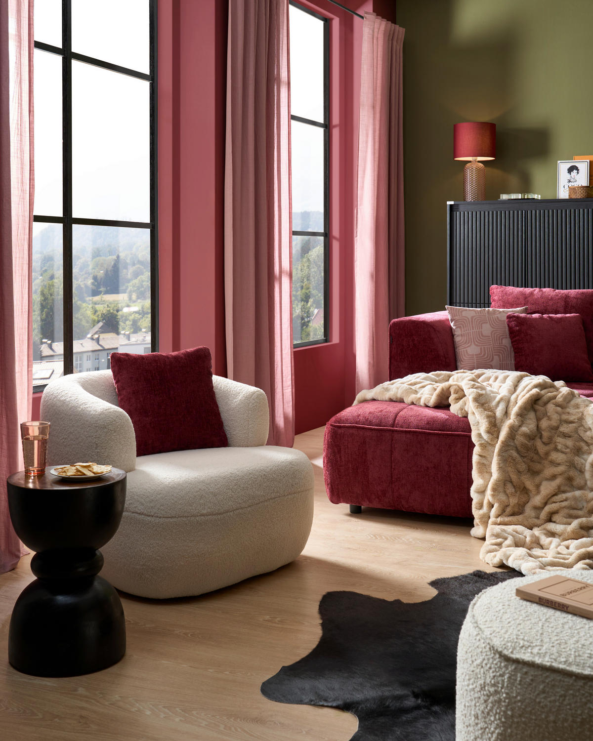 ECKSOFA  in Webstoff Kirschrot Zierkissen, Rückenkissen  188/288 cm  - Schwarz/Kirschrot, Design, Kunststoff/Textil (188/288cm) - Welnova