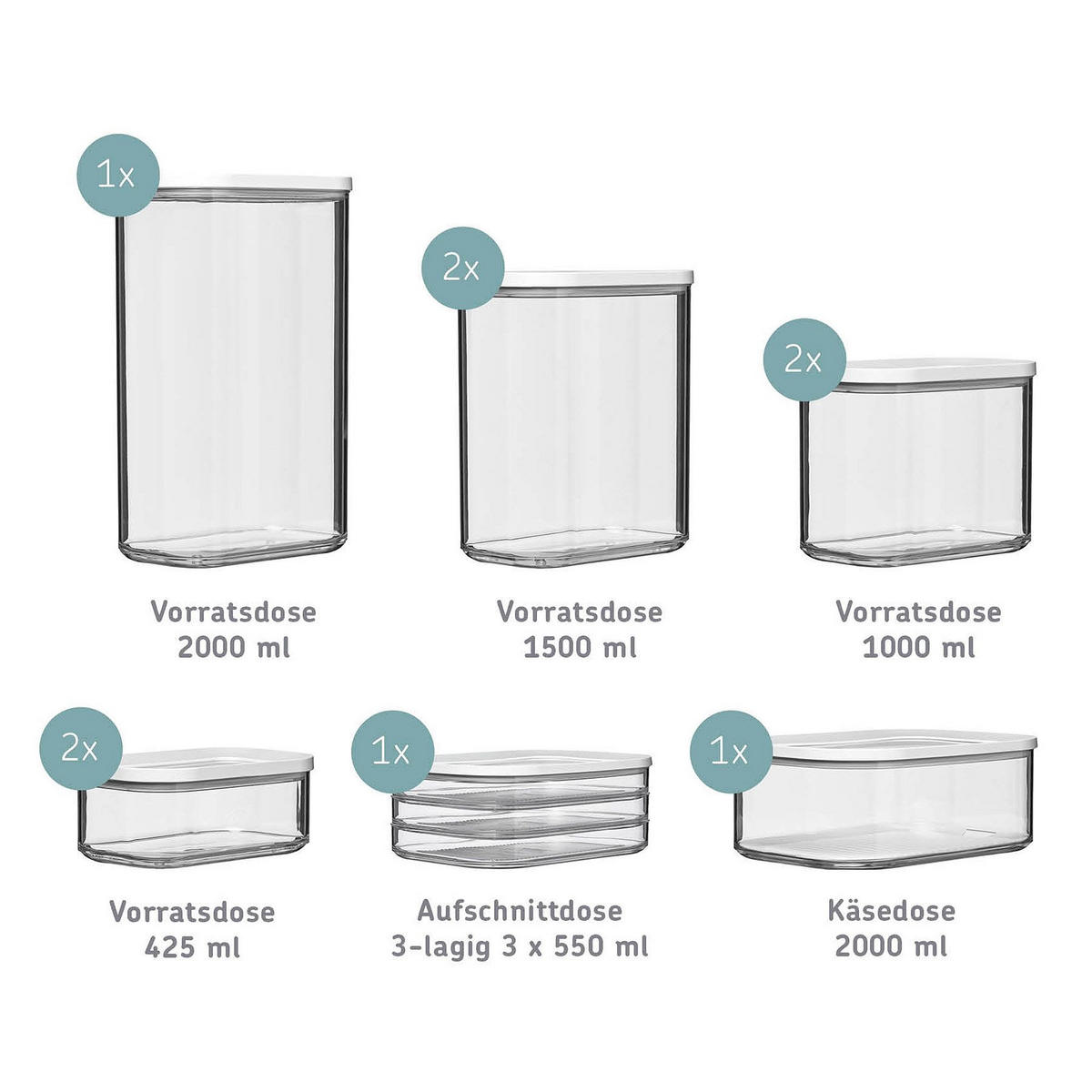 SADA DÓZ NA POTRAVINY 9-dielne - priehľadné/biela, Basics, plast (53,0/16,5/23,0cm) - Mepal