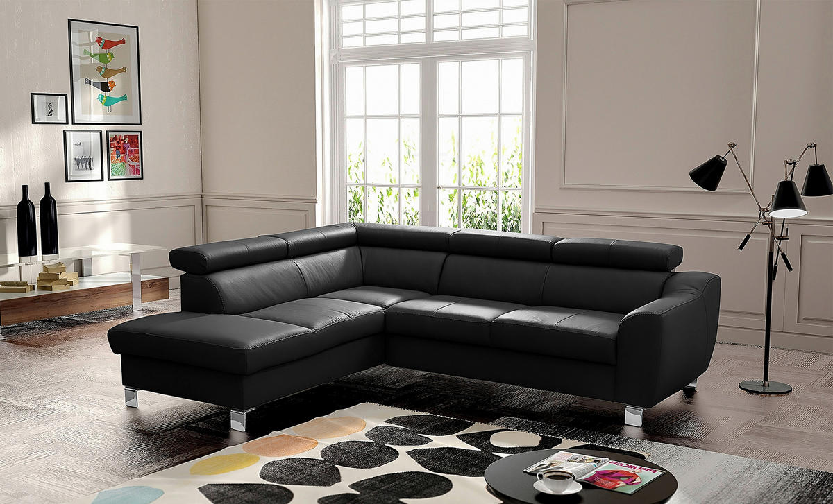 ECKSOFA in Lederlook Echtleder Schwarz  - Chromfarben/Schwarz, Design, Leder/Textil (208/245cm) - Livetastic