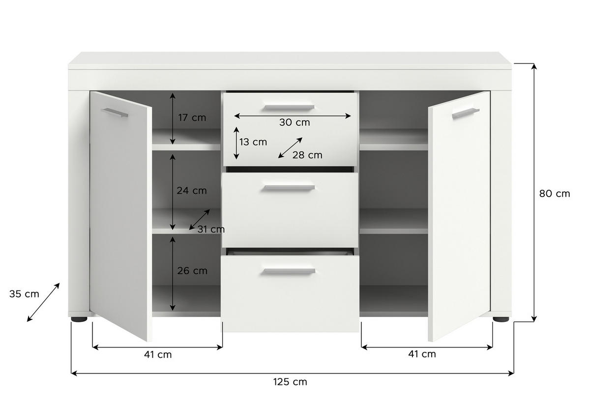 SIDEBOARD 125/80/35 cm  in Weiss  - noir/blanc, Design, matière synthétique/matériau de bois (125/80/35cm) - MID.YOU