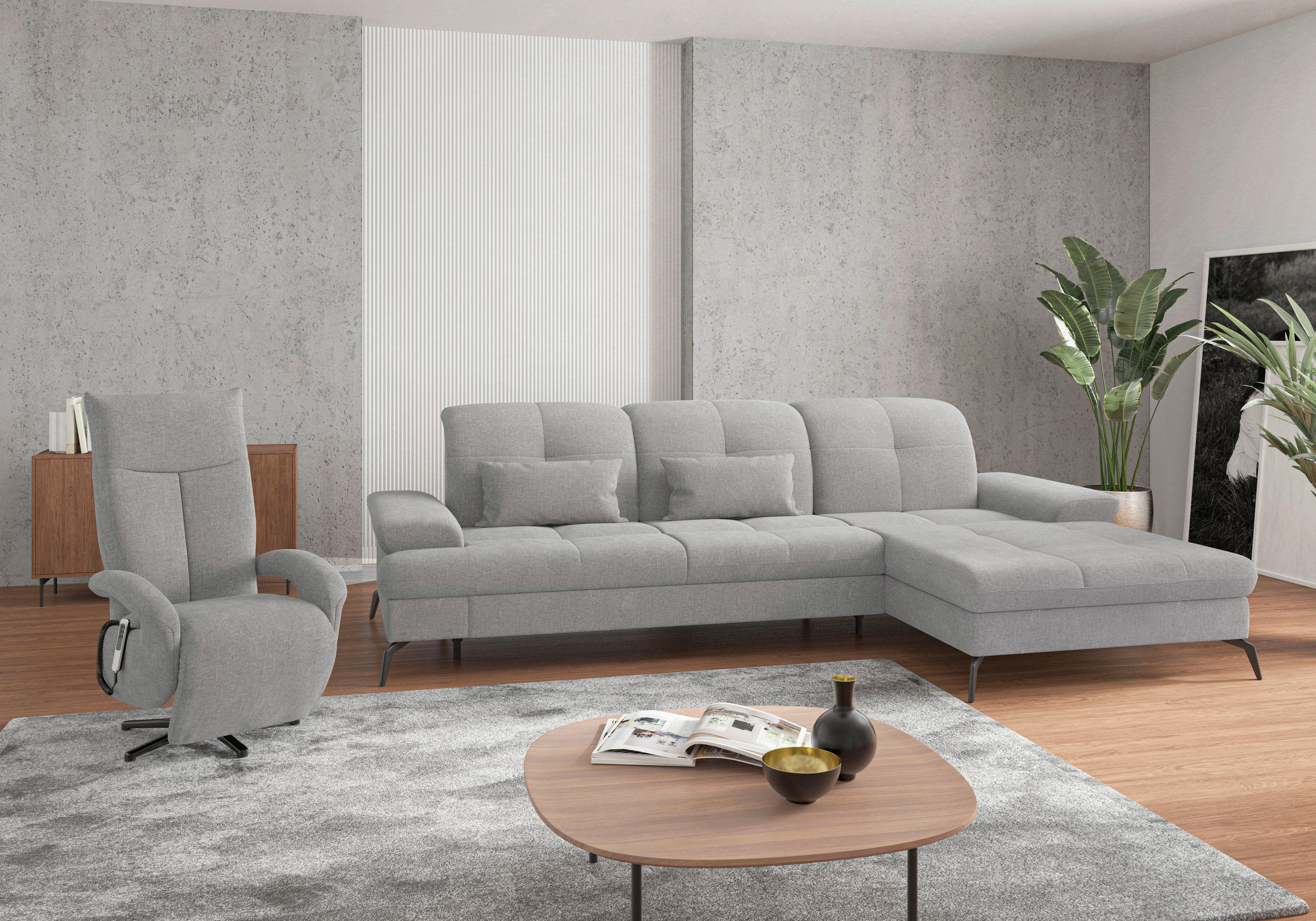 ECKSOFA Hellgrau Flachgewebe  - Hellgrau/Schwarz, KONVENTIONELL, Textil/Metall (279/185cm) - Sit & More