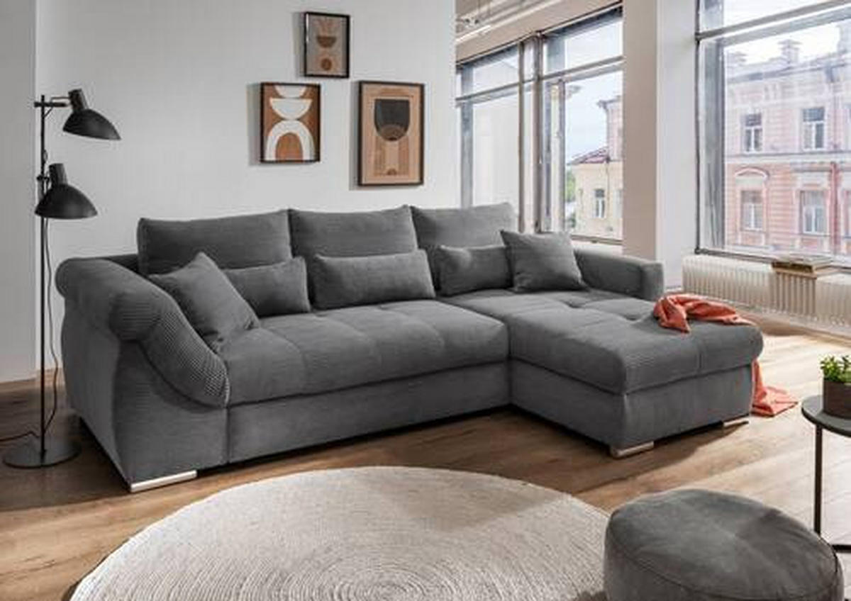 ECKSOFA Grau Cord  - Chromfarben/Grau, MODERN, Holz/Textil (302/188cm) - MID.YOU