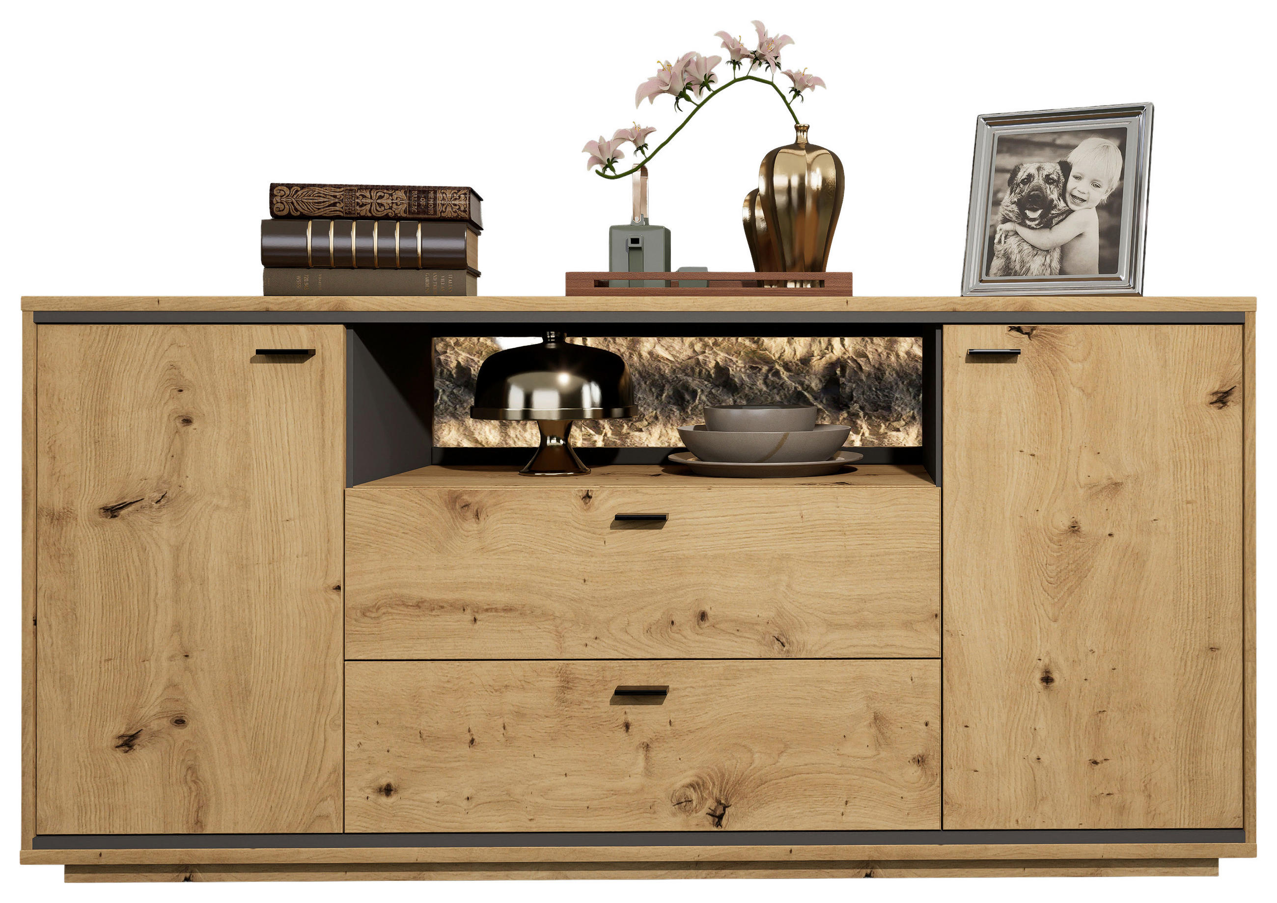 SIDEBOARD  180/86/49 cm 2 Schublade(n)  - Eichefarben/Schwarz, Design, Holzwerkstoff/Metall (180/86/49cm) - Cantus