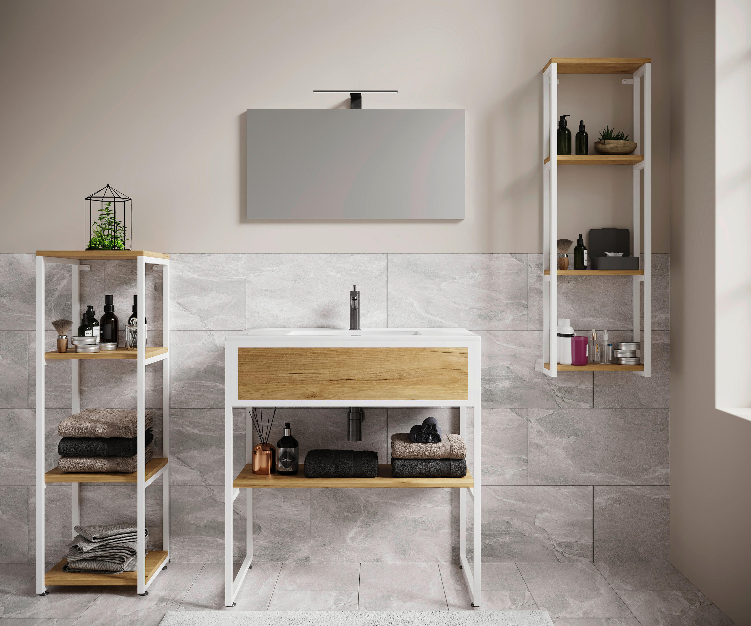 BADEZIMMER 5-teilig in 150 cm - Honigeiche/Weiss, Modern, Glas/Keramik (150cm) - MID.YOU