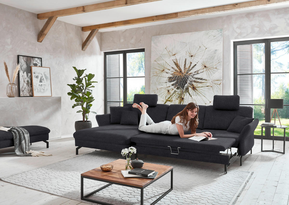 ECKSOFA in Velours Anthrazit  - Anthrazit/Schwarz, Design, Textil/Metall (179/306cm) - Beldomo System