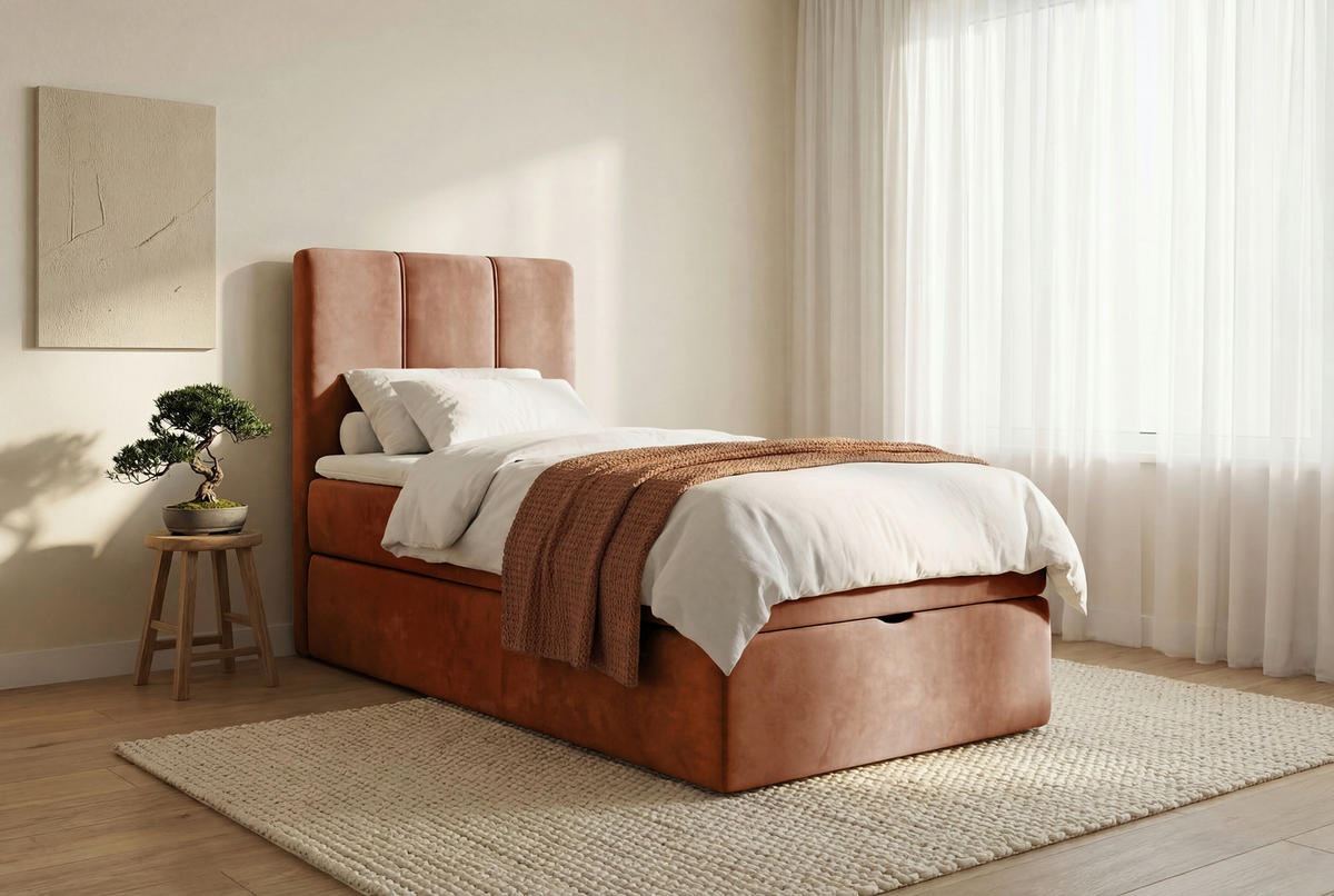 BOXBETT 70/200 cm,  in Rotbraun, Matratze, gepolstertes Kopfteil, Bettkasten, Topper, H3 = fest  - Rotbraun/Schwarz, Design, Holzwerkstoff/Kunststoff (70/200cm) - Esposa
