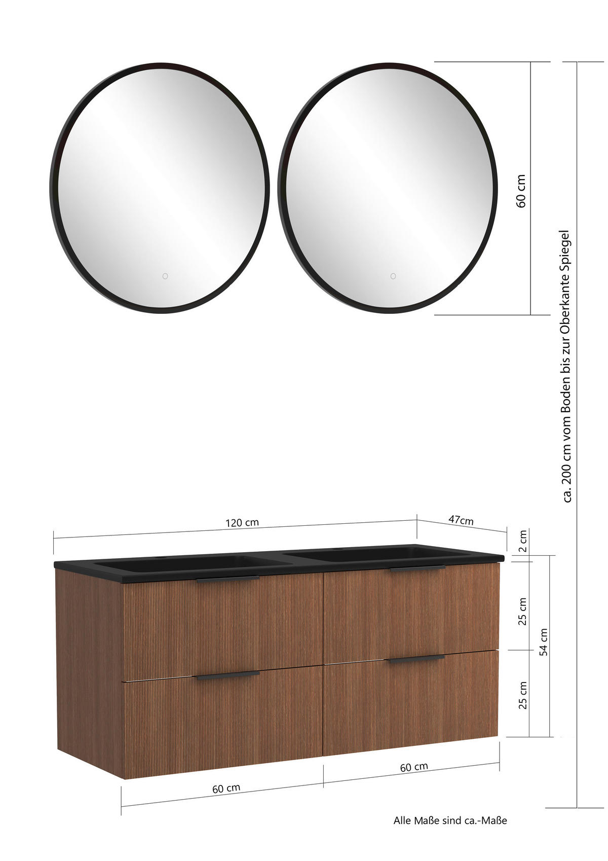 BADEZIMMER  in 120 cm  - Dunkelbraun/Schwarz, Natur, Holzwerkstoff/Stein (120cm) - Held