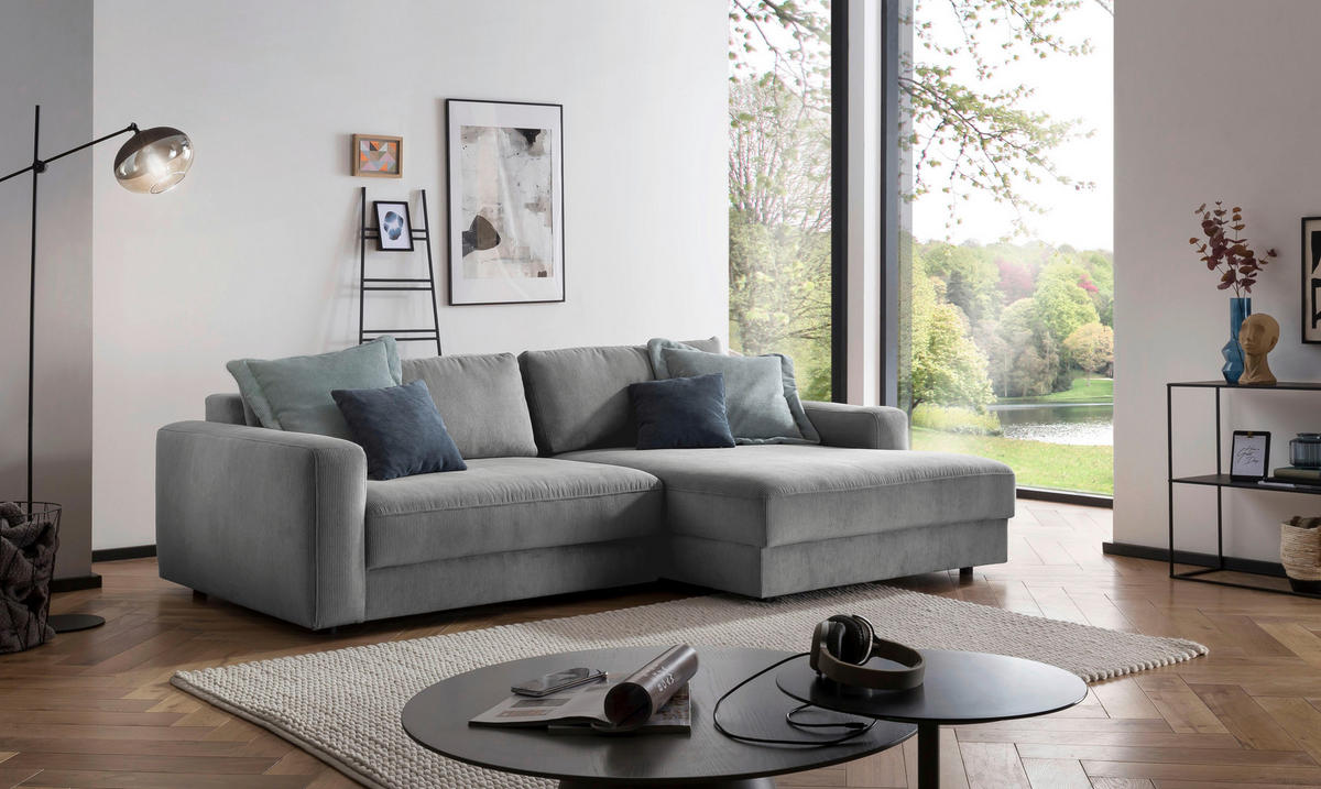 ECKSOFA in Cord Grau  - Schwarz/Grau, Modern, Textil (250/176cm) - Trendmanufaktur