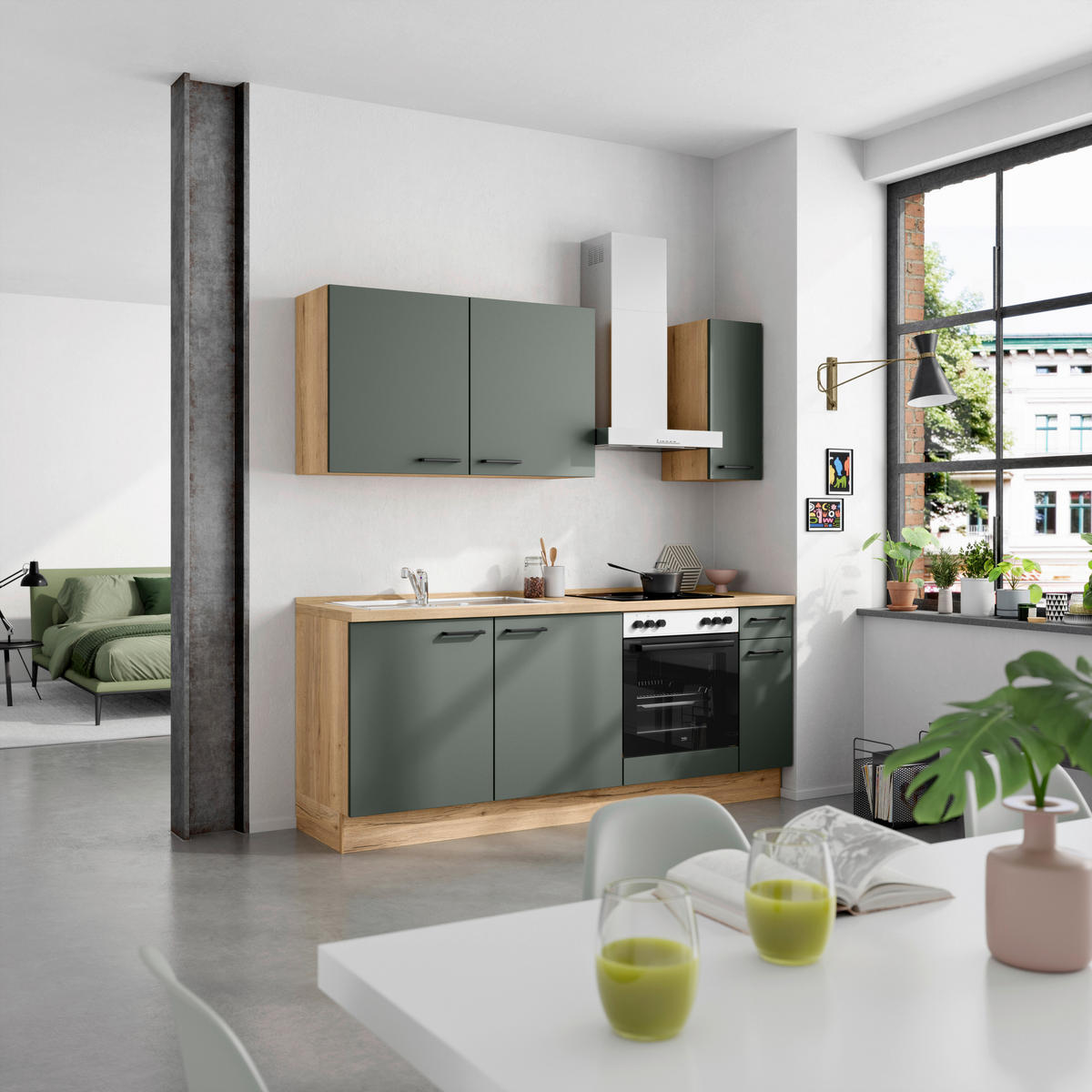 KÜCHENBLOCK Easytouch 210 cm  in Eichefarben, Dunkelgrün  - Dunkelgrün/Eichefarben, MODERN, Holzwerkstoff/Metall (210cm) - Nobilia