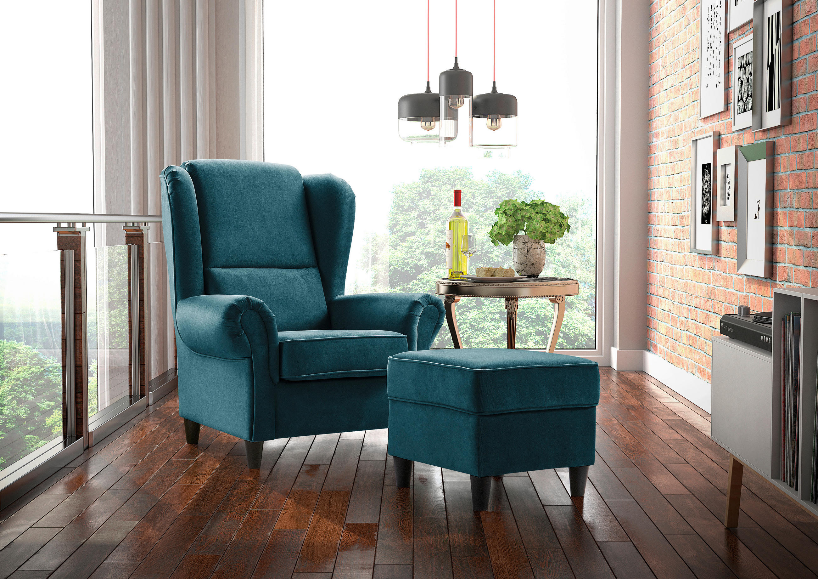 HOCKER in Textil Petrol  - Petrol/Schwarz, Design, Holz/Textil (52/45/52cm) - MID.YOU