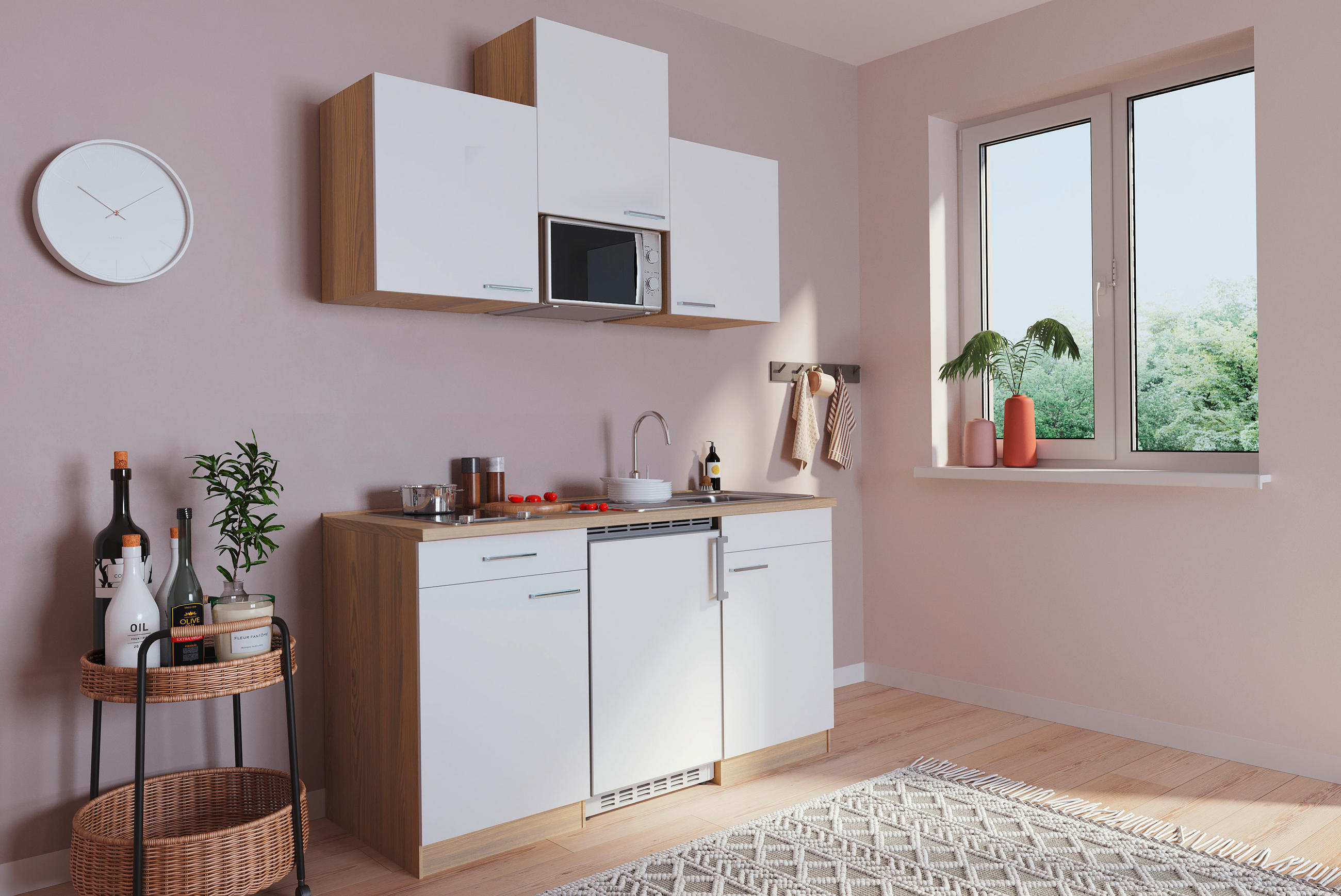 MINIKÖK 150 cm   i vit, ekfärgad  - vit/ekfärgad, Basics, trämaterial (150cm) - Respekta