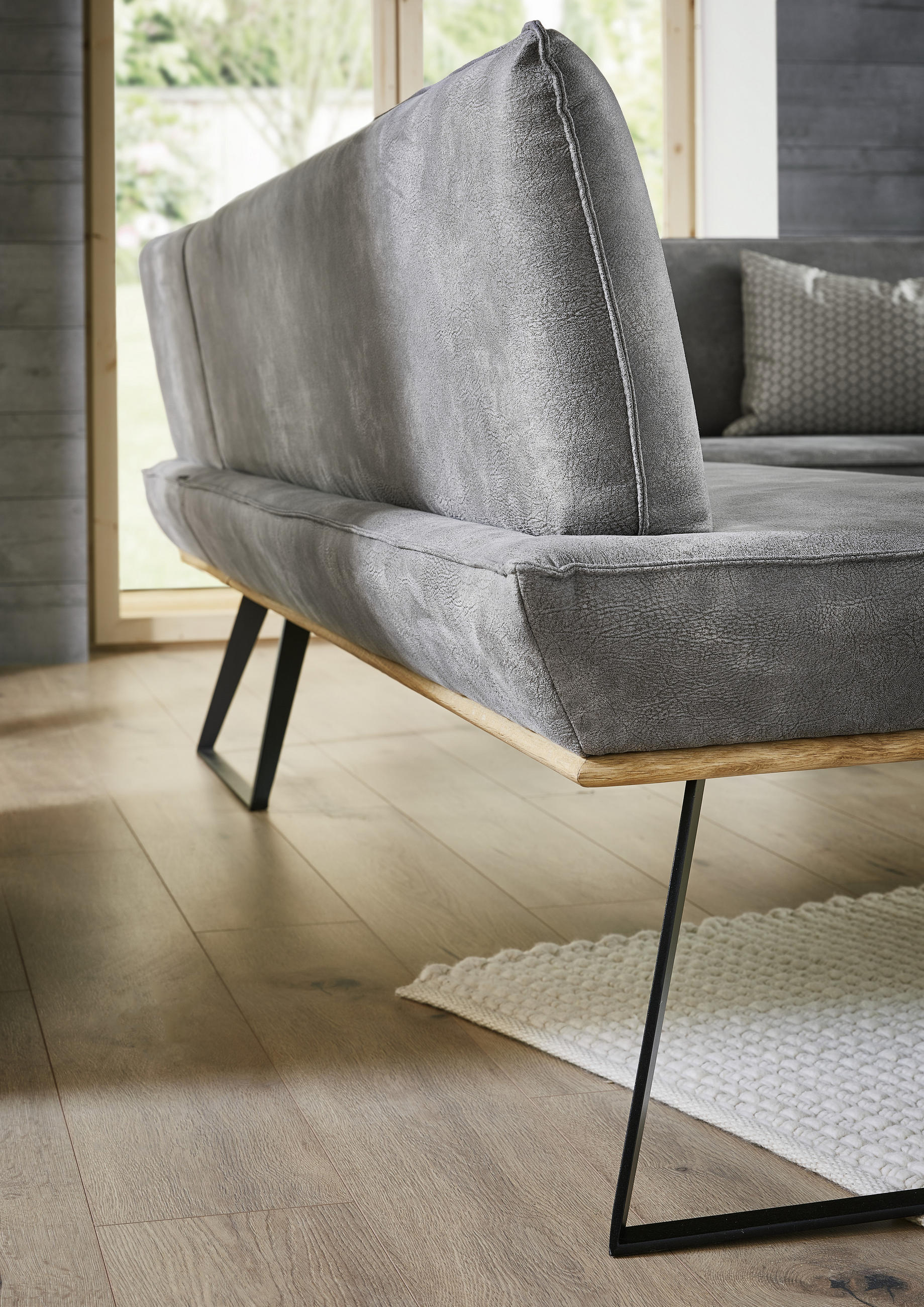 ECKBANK 163/243 cm Lederlook Schwarz, Eichefarben, Graubraun Eiche massiv Metall   - Eichefarben/Graubraun, Design, Holz/Textil (163/243cm) - Voleo