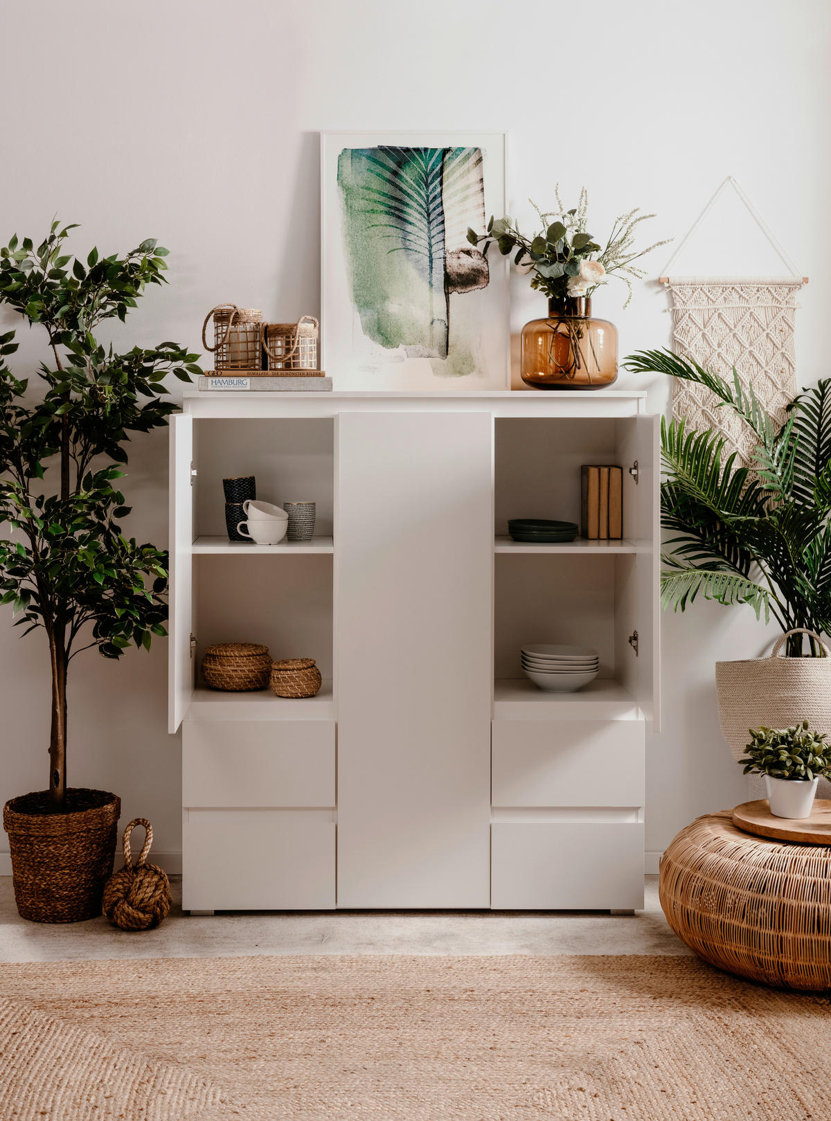 VISOKA KOMODA, bela  - bela/antracit, Design, umetna masa/leseni material (116/131/40cm) - Livetastic