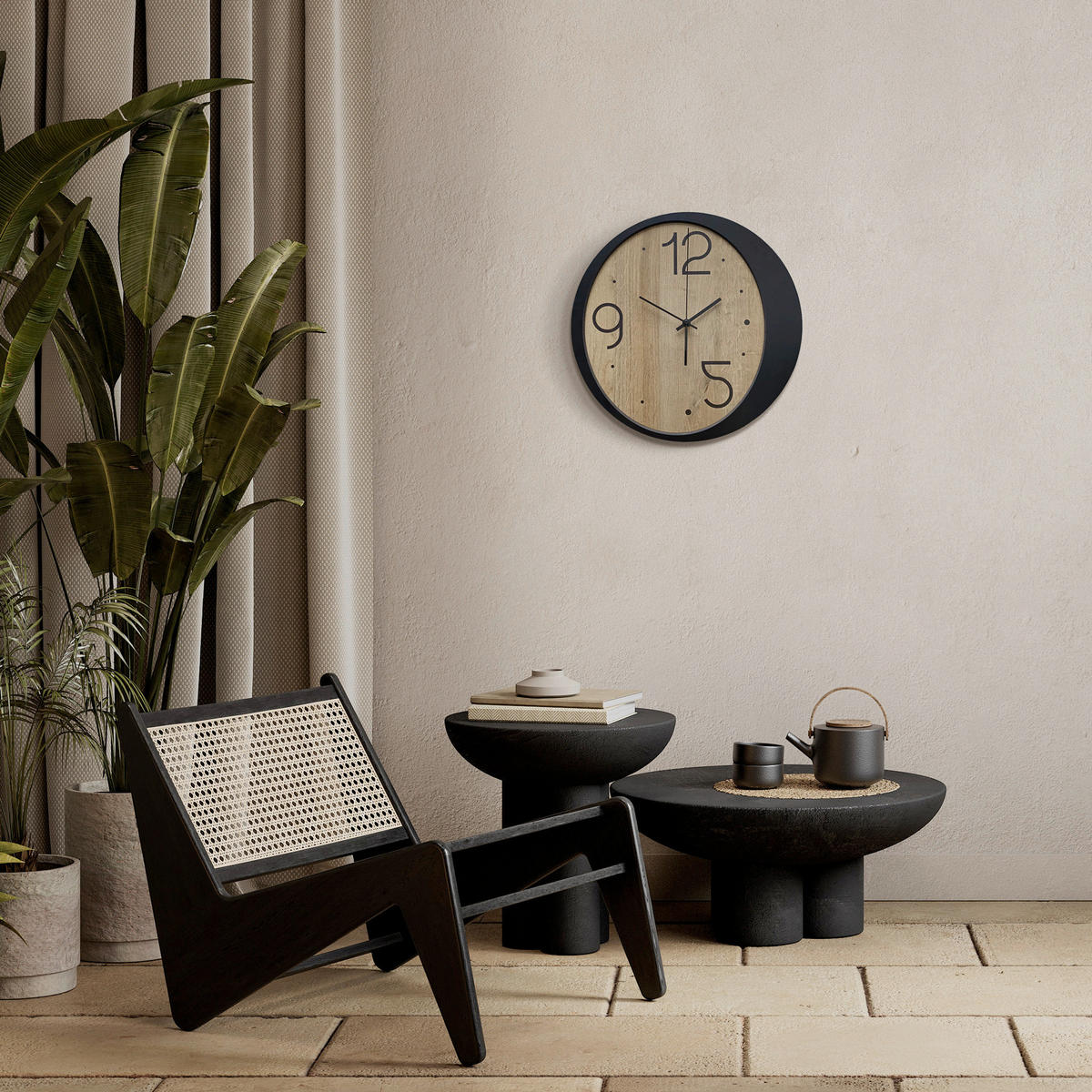 WANDUHR Schwarz, Eichefarben  - Eichefarben/Schwarz, Basics, Holz/Kunststoff (36cm)