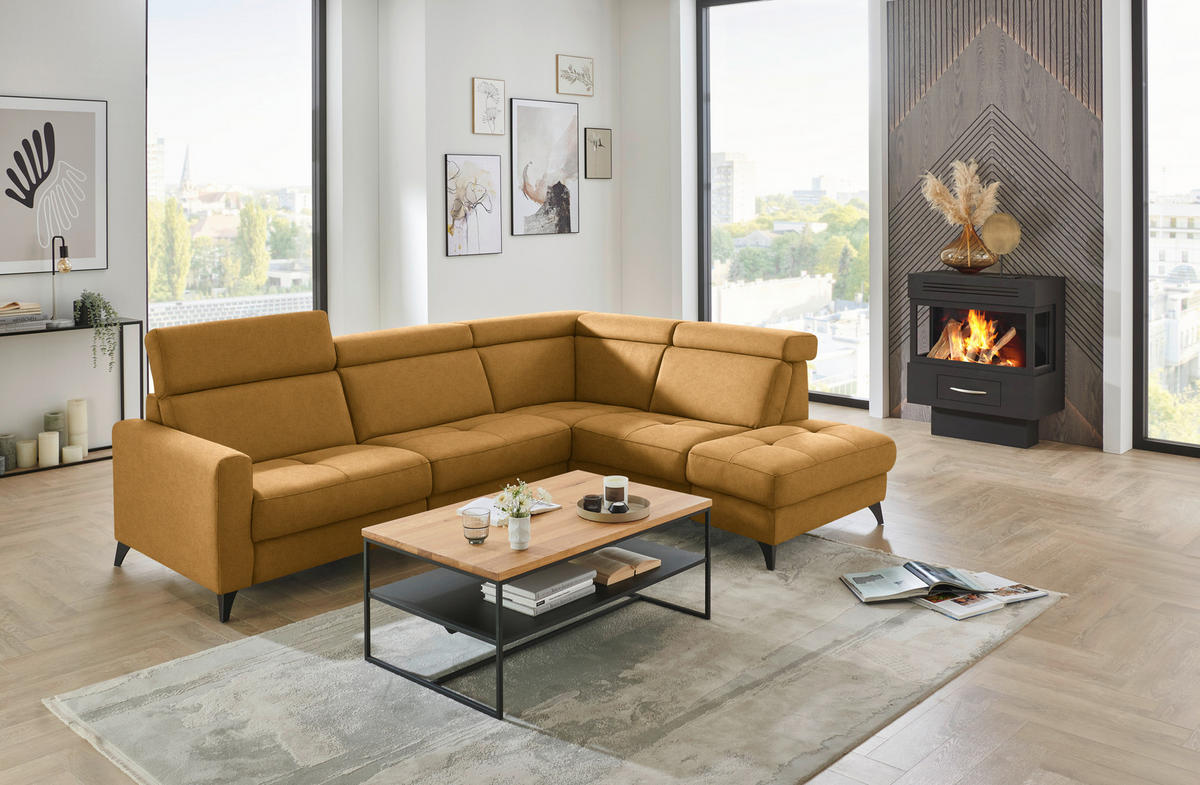 ECKSOFA Flachgewebe Currygelb  - Currygelb/Schwarz, Konventionell, Textil/Metall (276/214cm) - Beldomo System