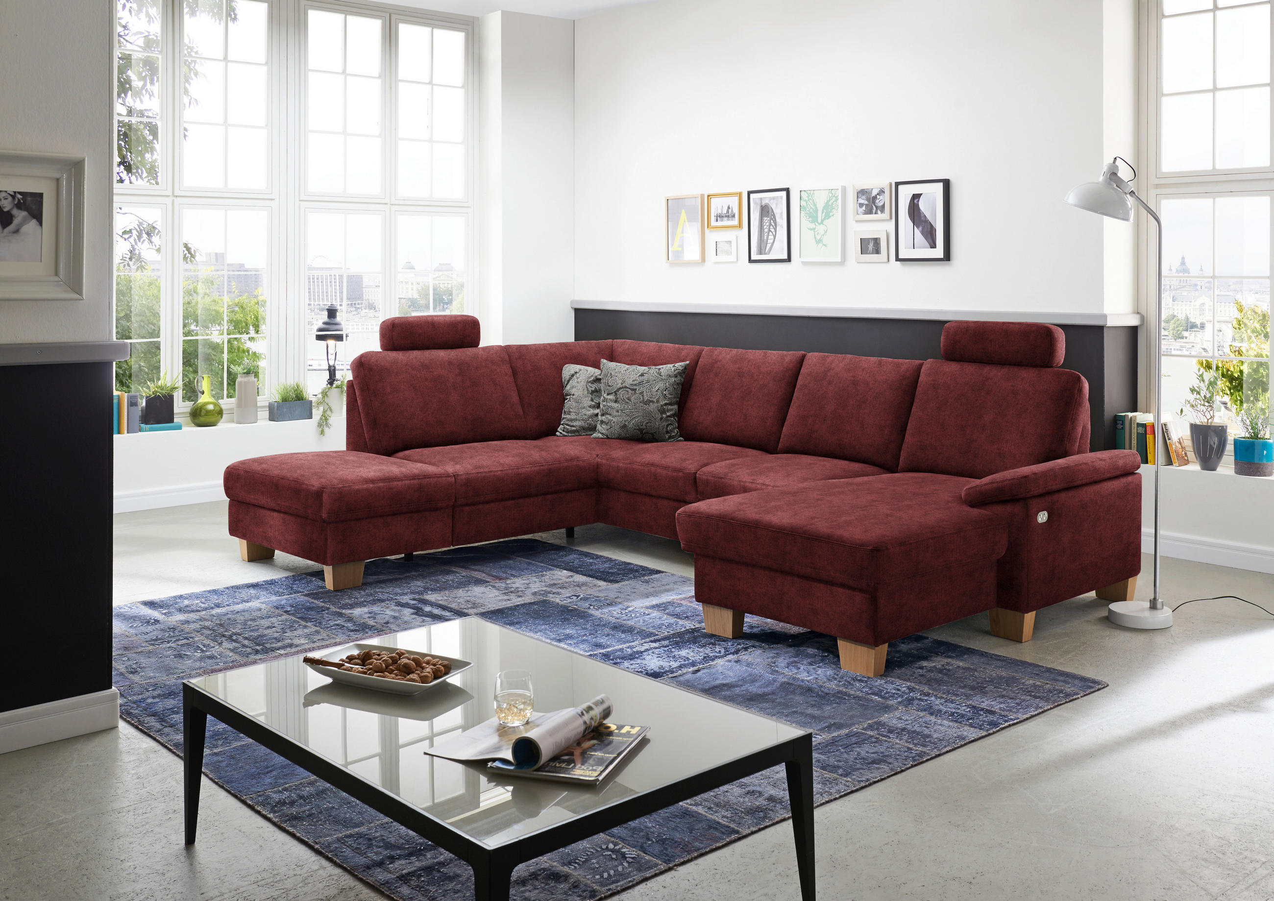 WOHNLANDSCHAFT in Velours Weinrot  - Eichefarben/Weinrot, Konventionell, Holz/Textil (235/316/167cm) - Beldomo System