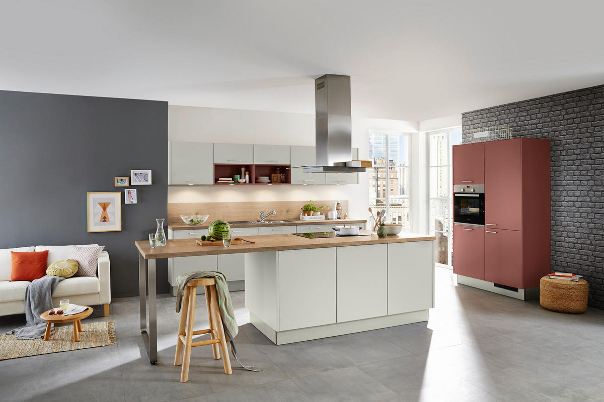 EINBAUKÜCHE   - Eichefarben/Rot, Design, Holzwerkstoff - Dieter Knoll