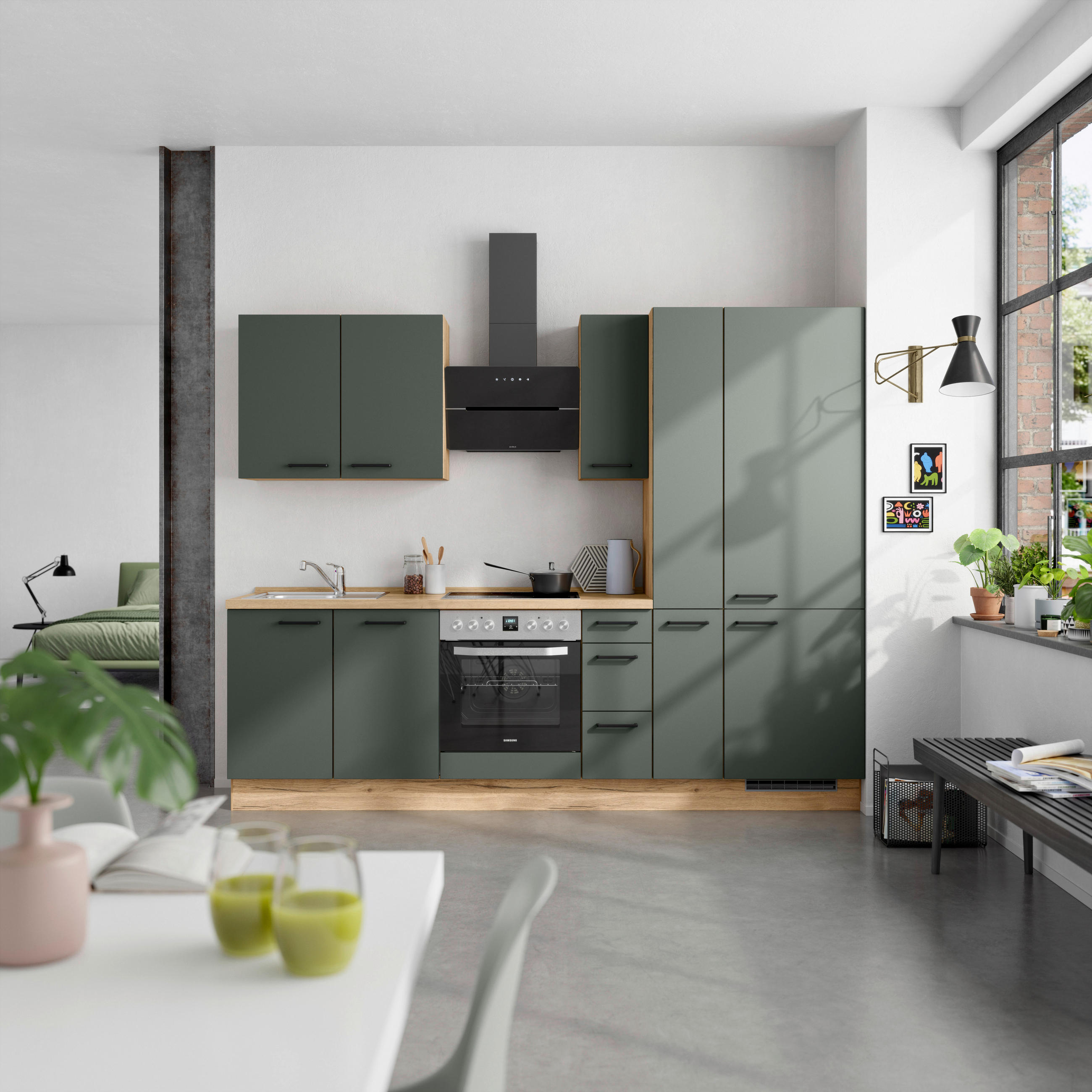 KÜCHENBLOCK 270 cm   in Eichefarben, Dunkelgrün  - Dunkelgrün/Eichefarben, MODERN, Holzwerkstoff/Metall (270cm) - Nobilia