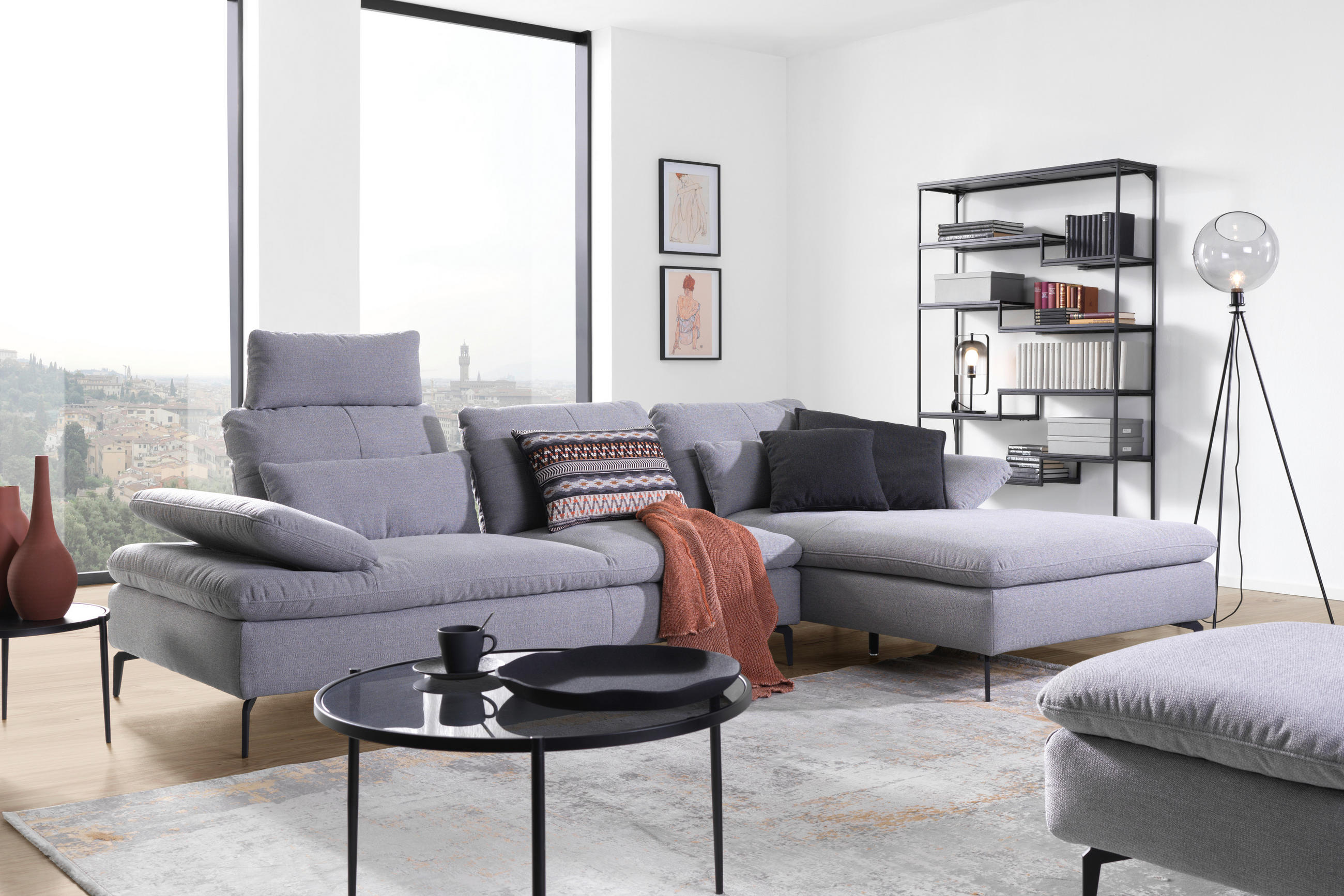 ECKSOFA in Webstoff Hellgrau  - Hellgrau/Schwarz, Design, Textil/Metall (301/179cm) - Chilliano