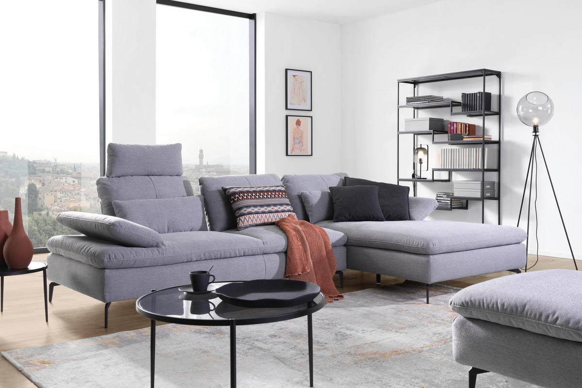 ECKSOFA in Webstoff Hellgrau  - Hellgrau/Schwarz, Design, Textil/Metall (301/179cm) - Chilliano