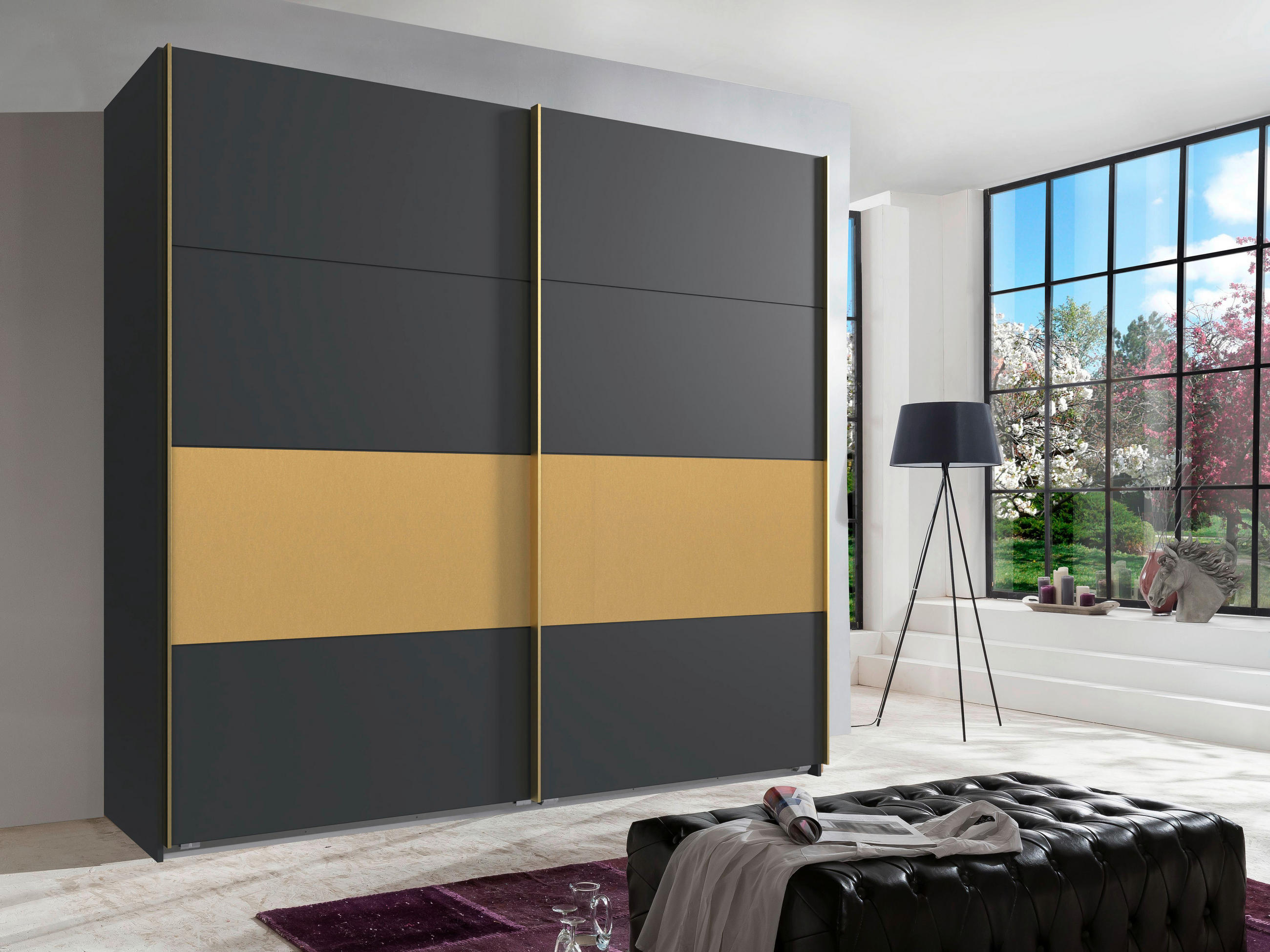 SCHWEBETÜRENSCHRANK 225/208/65 cm 2-türig Graphitfarben, Goldfarben  - Goldfarben/Graphitfarben, LIFESTYLE, Holzwerkstoff/Metall (225/208/65cm) - Boxxx