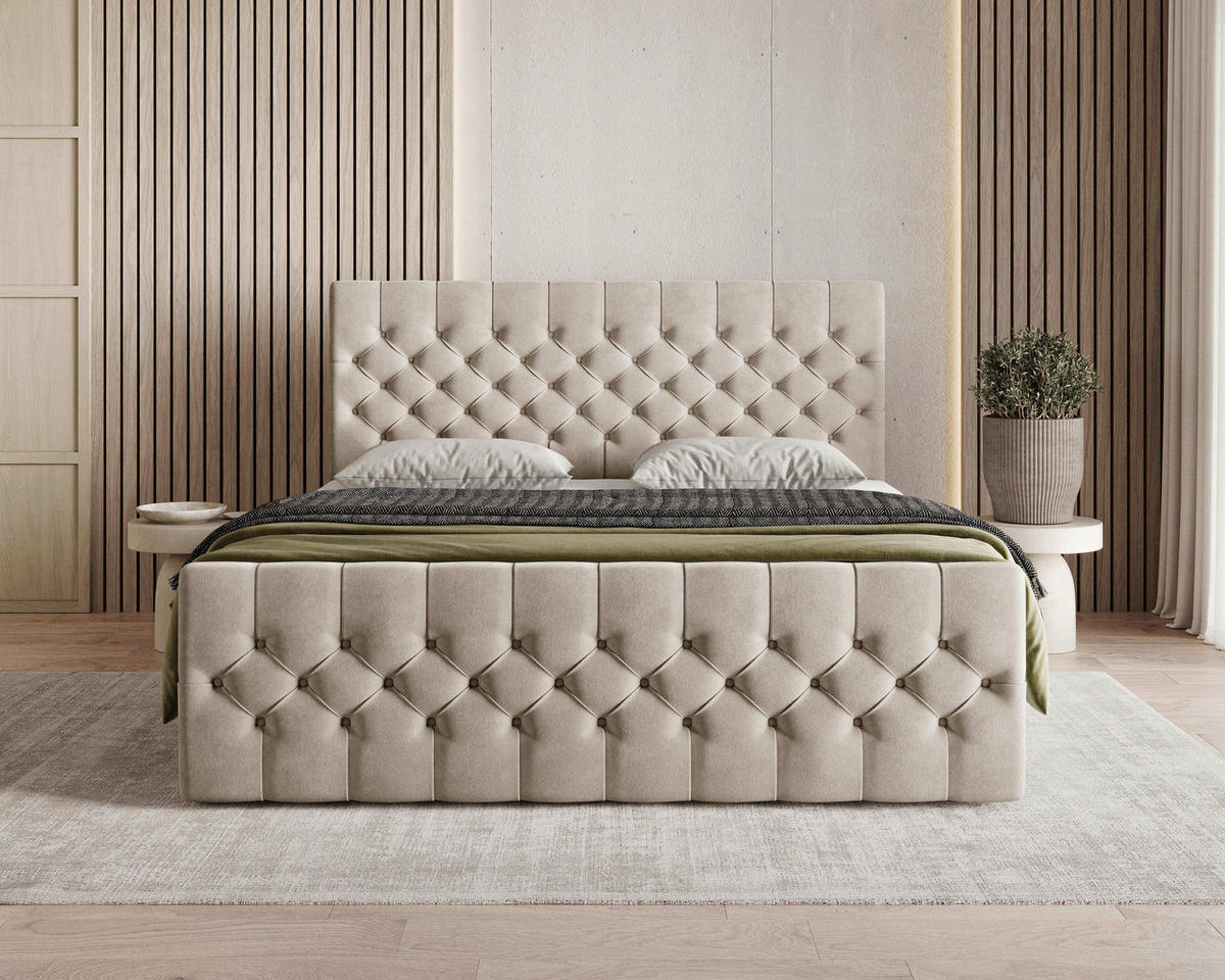 BOXBETT 180/200 cm,  in Beige, Matratze, Topper, H3 = fest  - Beige/Schwarz, KONVENTIONELL, Holz/Kunststoff (180/200cm) - Chameo