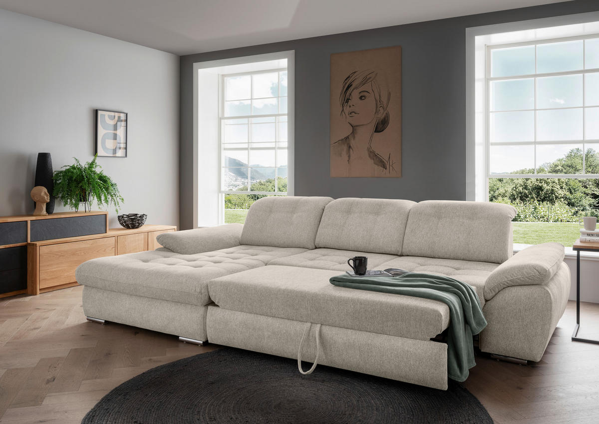 ECKSOFA Beige Chenille  - Chromfarben/Beige, MODERN, Textil/Metall (184/314cm) - Livetastic