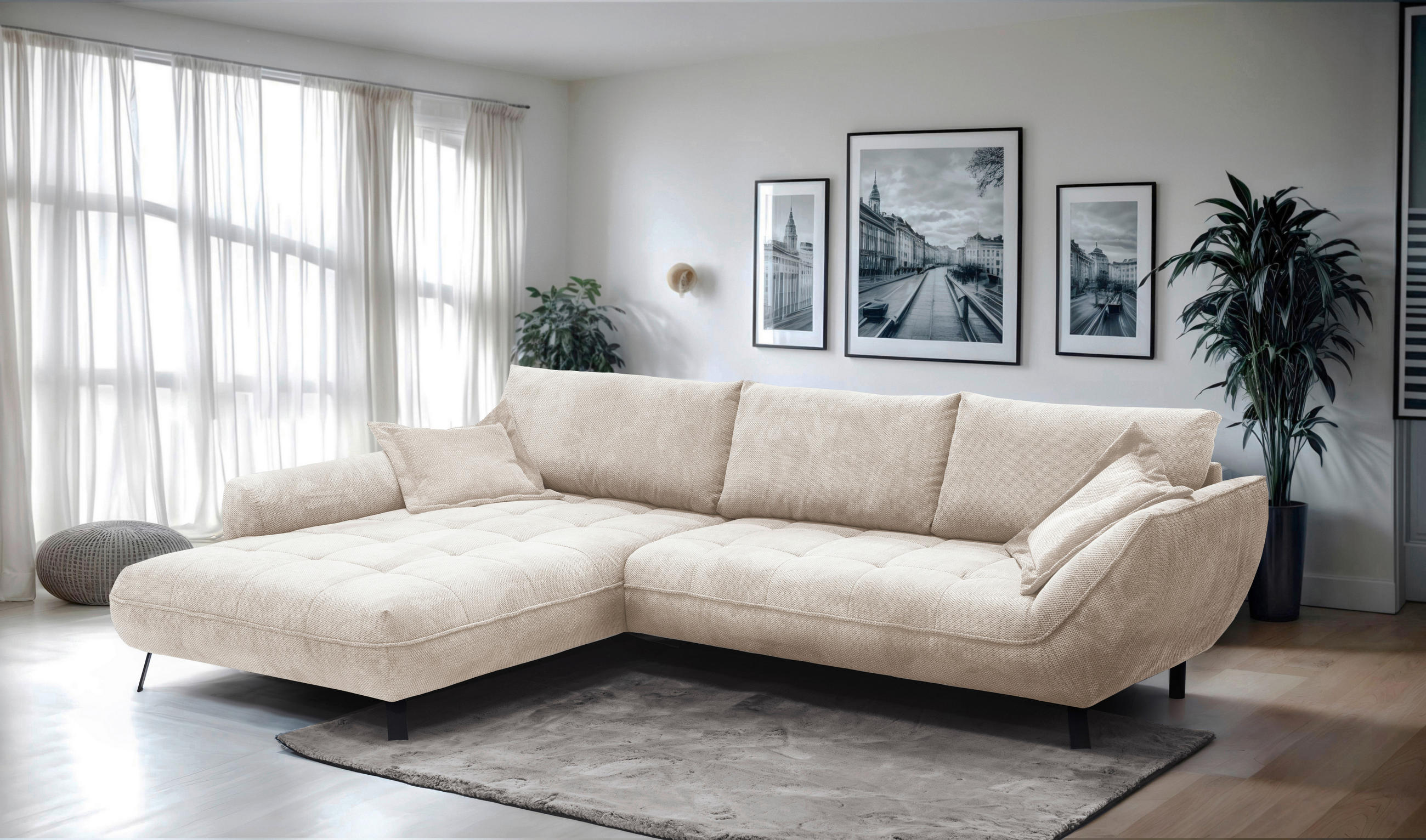 ECKSOFA BIARRITZ Beige Struktur  - Beige/Schwarz, Design, Textil/Metall (205/324cm) - Livetastic