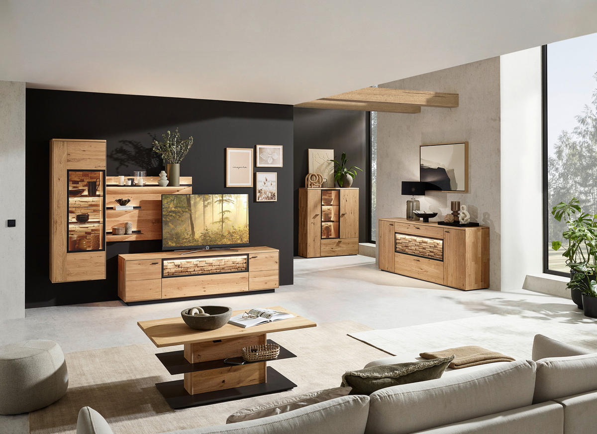 WOHNWAND  in Wildeiche  293,8/207,1/37,1 cm  - Wildeiche/Graphitfarben, Natur, Glas/Holz (293,8/207,1/37,1cm) - Valnatura